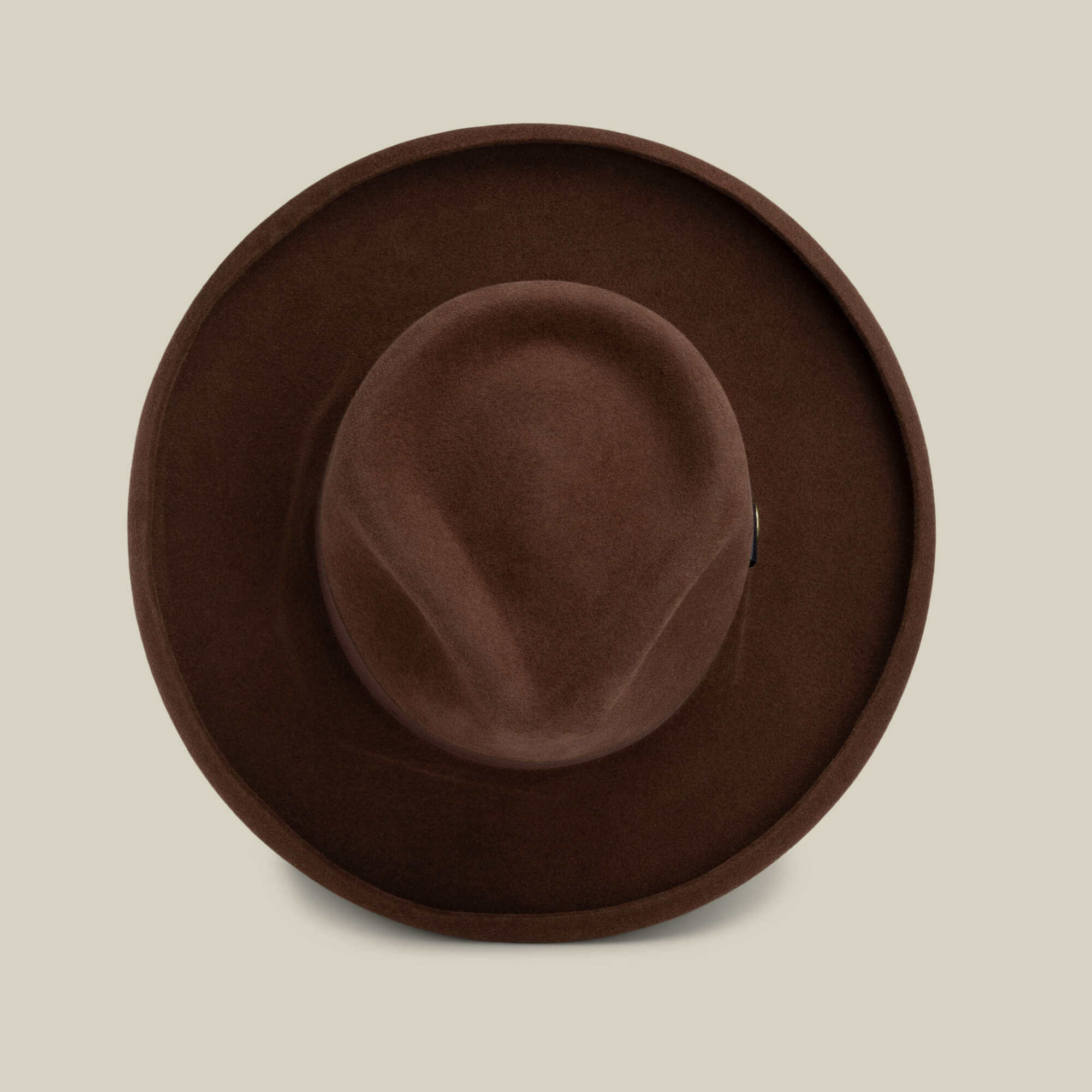 The Colonel Pierce by Goorin Bros. is a brown felt wide-brim hat with a pencil curl brim and teardrop crown, shown from above on a plain beige background.