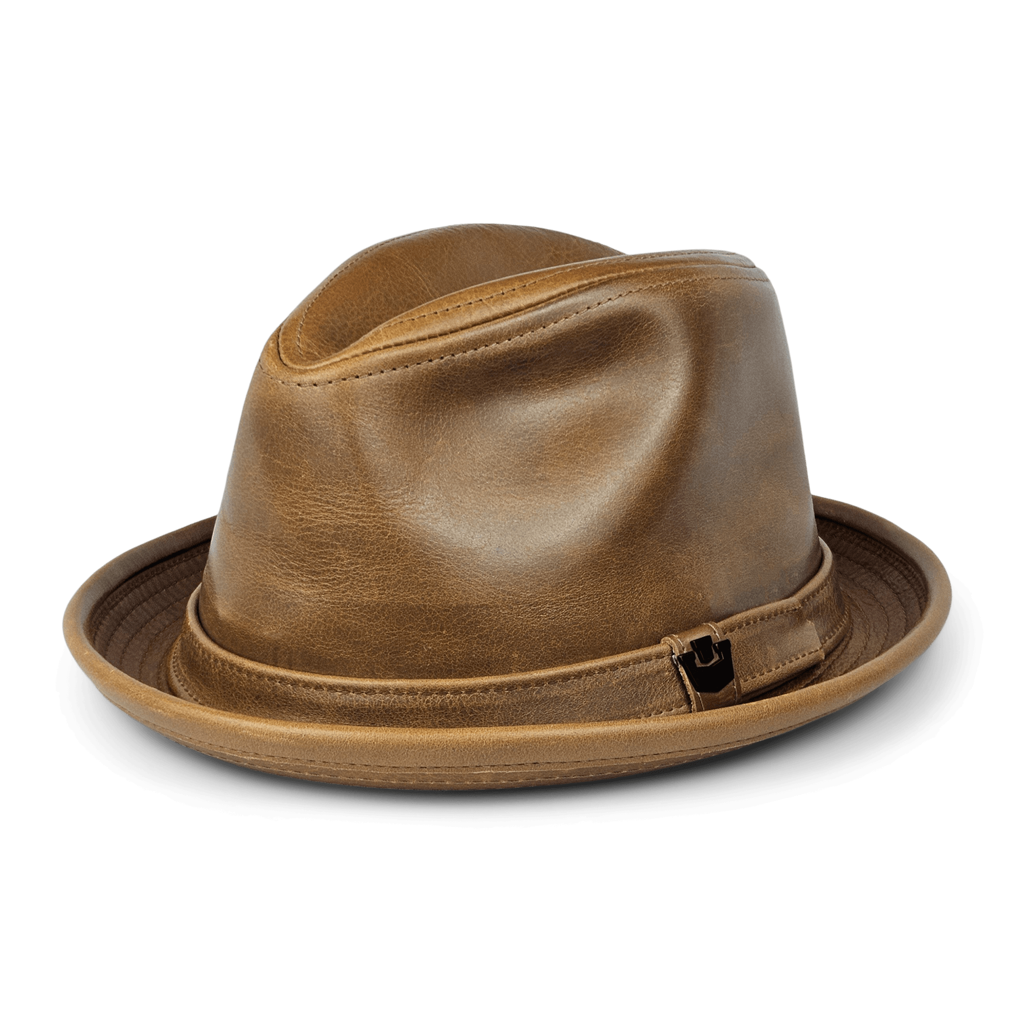 The Goorin Bros. Noble Park is a handmade in USA leather fedora with a creased crown, short brim, and a decorative band featuring a metal accent, shown against a plain white background.