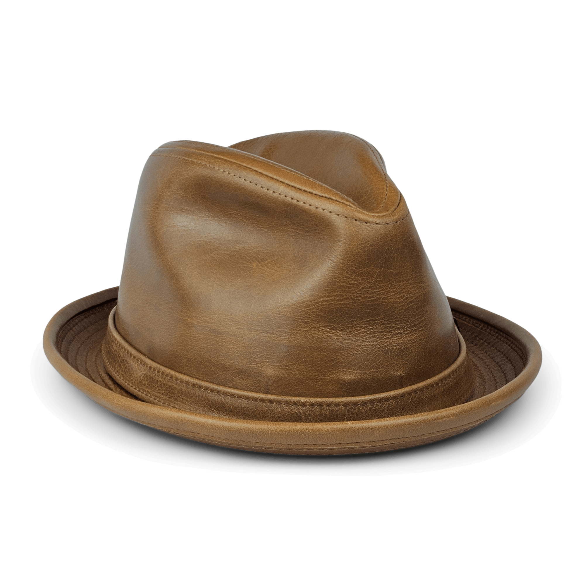 The Goorin Bros. Noble Park is a brown leather fedora with a pinched crown and short, upturned brim, shown on a plain white background. This structured hat blends durability with timeless style.