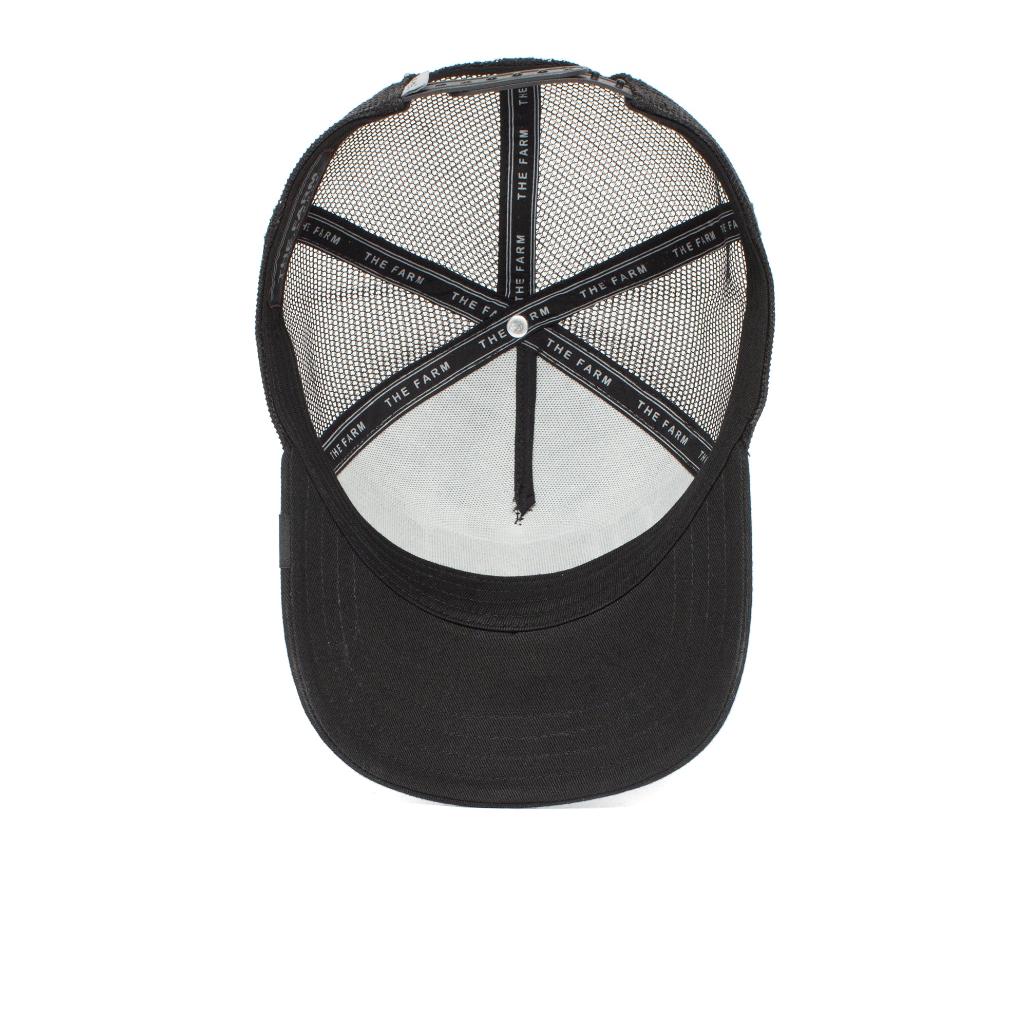 The Butch by The Farm is a black trucker hat shown from above, featuring mesh back panels and internal black taping with white text. All sales are final.