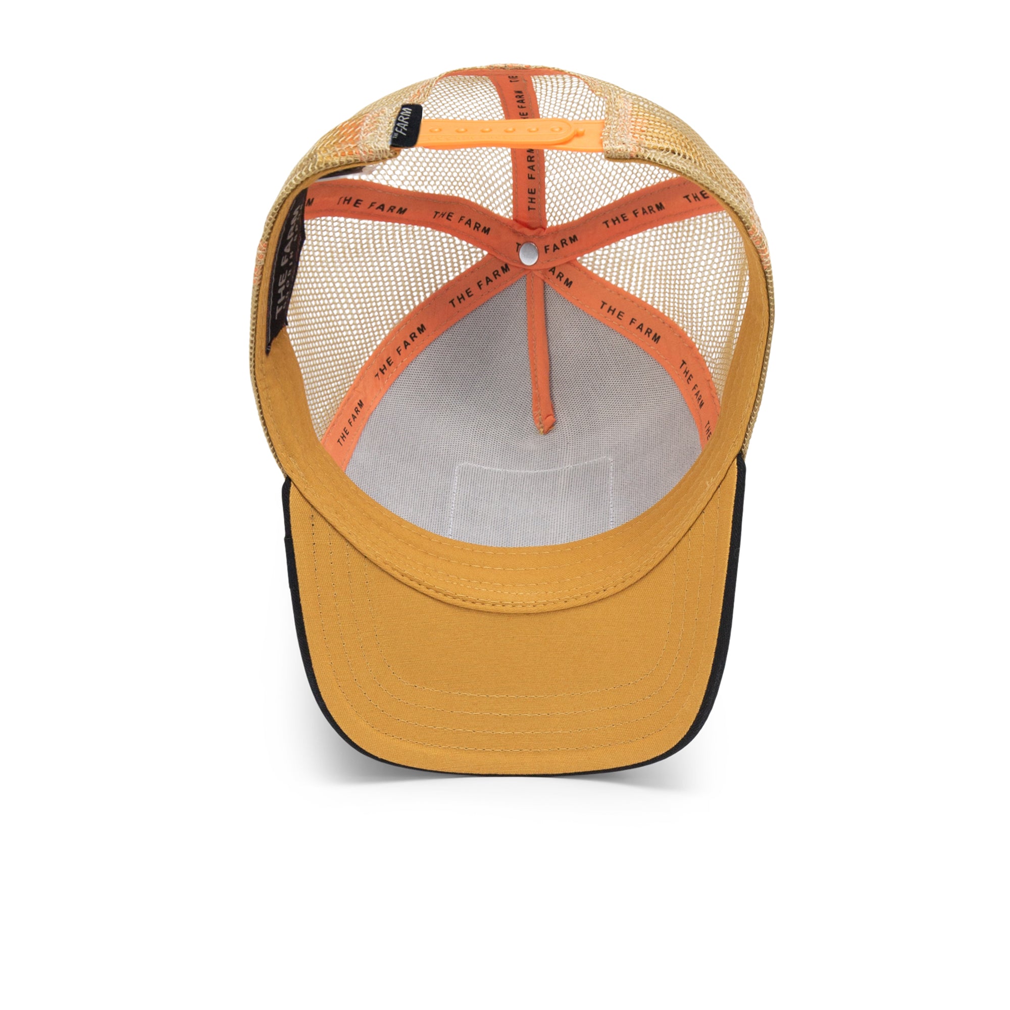 Top view of a yellow mesh trucker hat, The Dead Skull by The Farm, featuring an orange interior seam and THE FARM printed on the inner bands. Please note: All Sales Are Final.