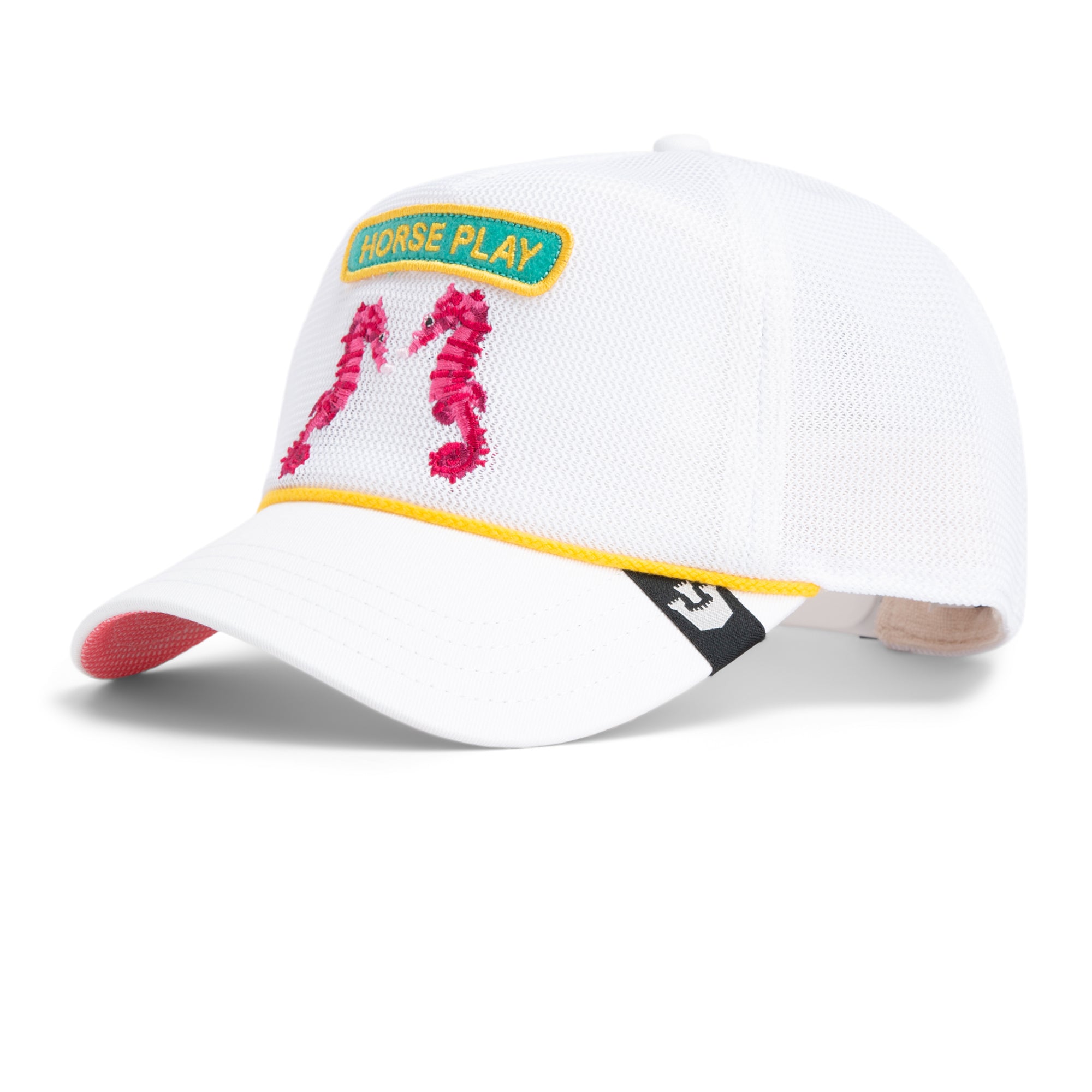 The Aquapals by Goorin Bros. is a white mesh baseball cap with a turquoise and yellow HORSE PLAY patch and two pink embroidered seahorses—an ideal summer beach surf accessory and embroidered mesh hat.