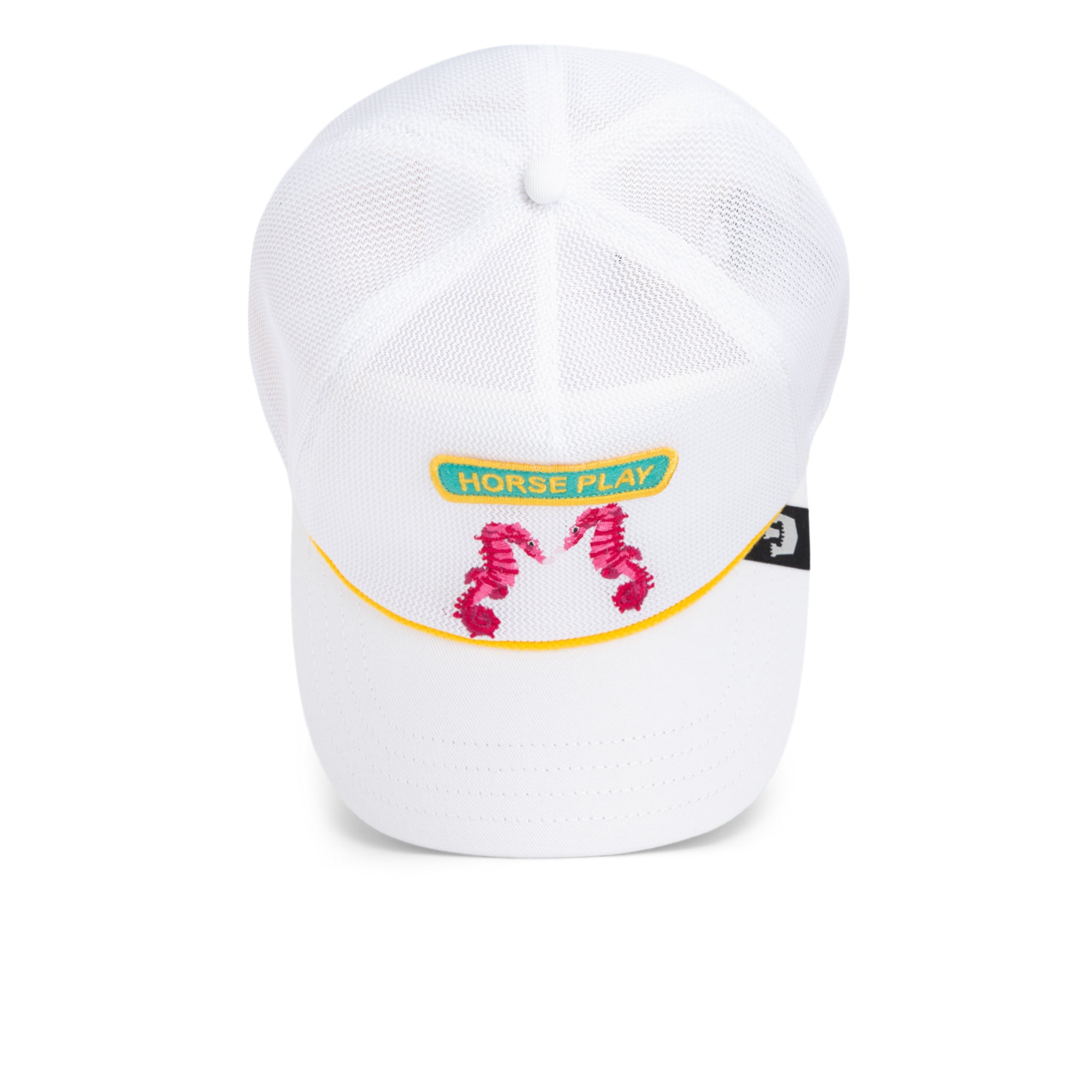 The Goorin Bros. Aquapals is a white mesh cap featuring a yellow-edged HORSE PLAY patch and two pink seahorses—an eye-catching hat that's the perfect fun beach or surf accessory.