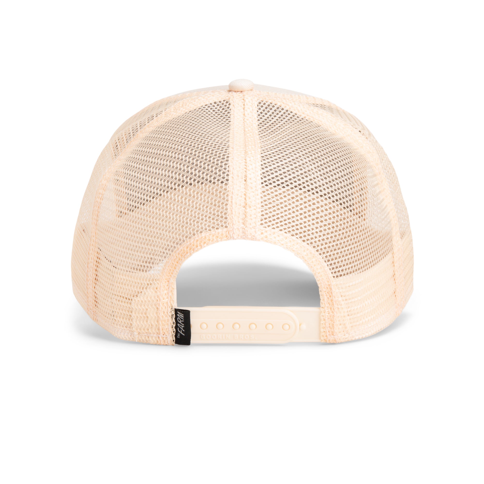 The Far Out Mirage beige mesh trucker hat by Goorin Bros. is shown from the back with an adjustable plastic snapback and a small black tag on the left—part of the Chroma Wave collection inspired by golden mirage aesthetics.
