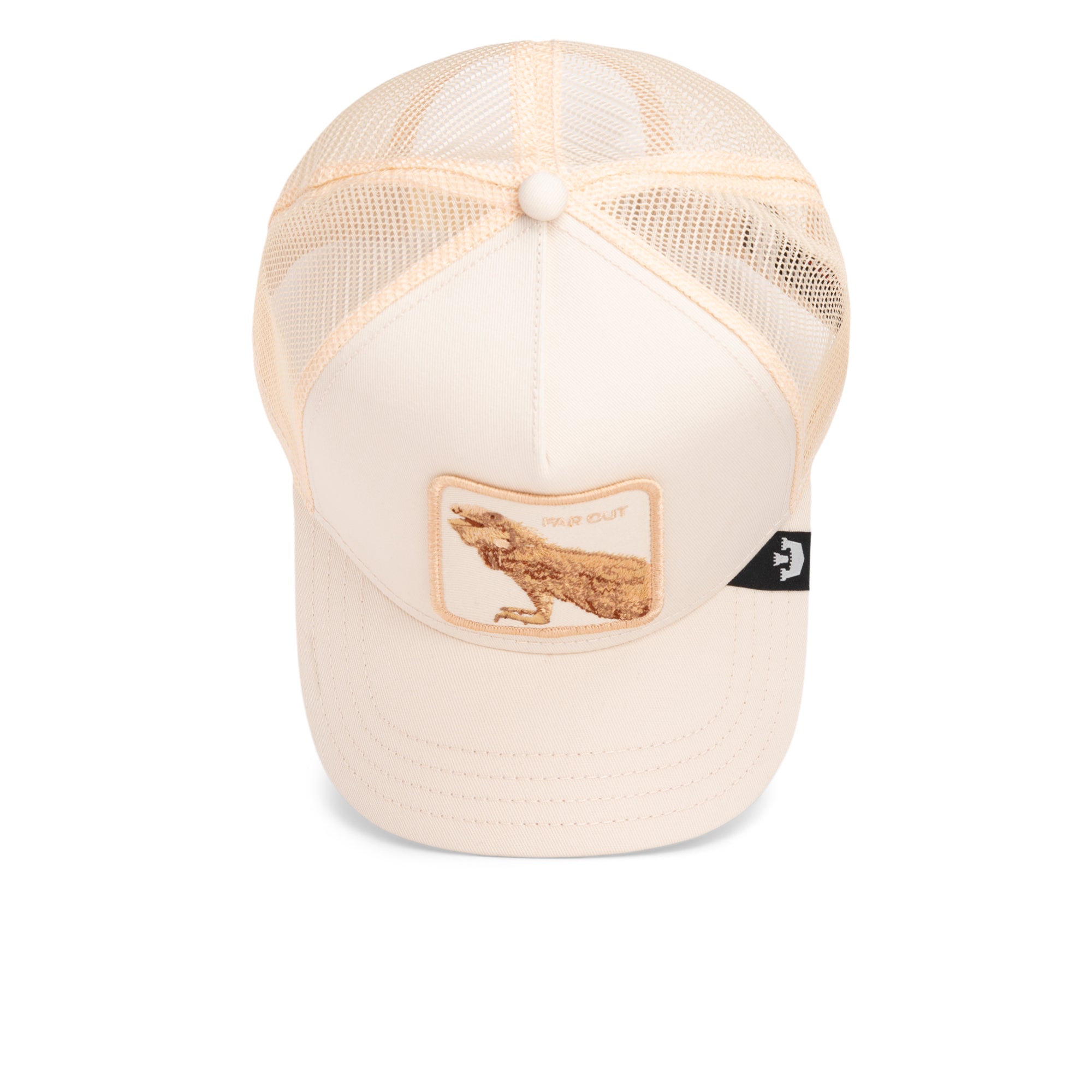 The Far Out Mirage by Goorin Bros. is a beige mesh trucker hat from the Chroma Wave collection, featuring a wolf patch with "PAW OUT" text and golden hues for a bold, monochromatic look.