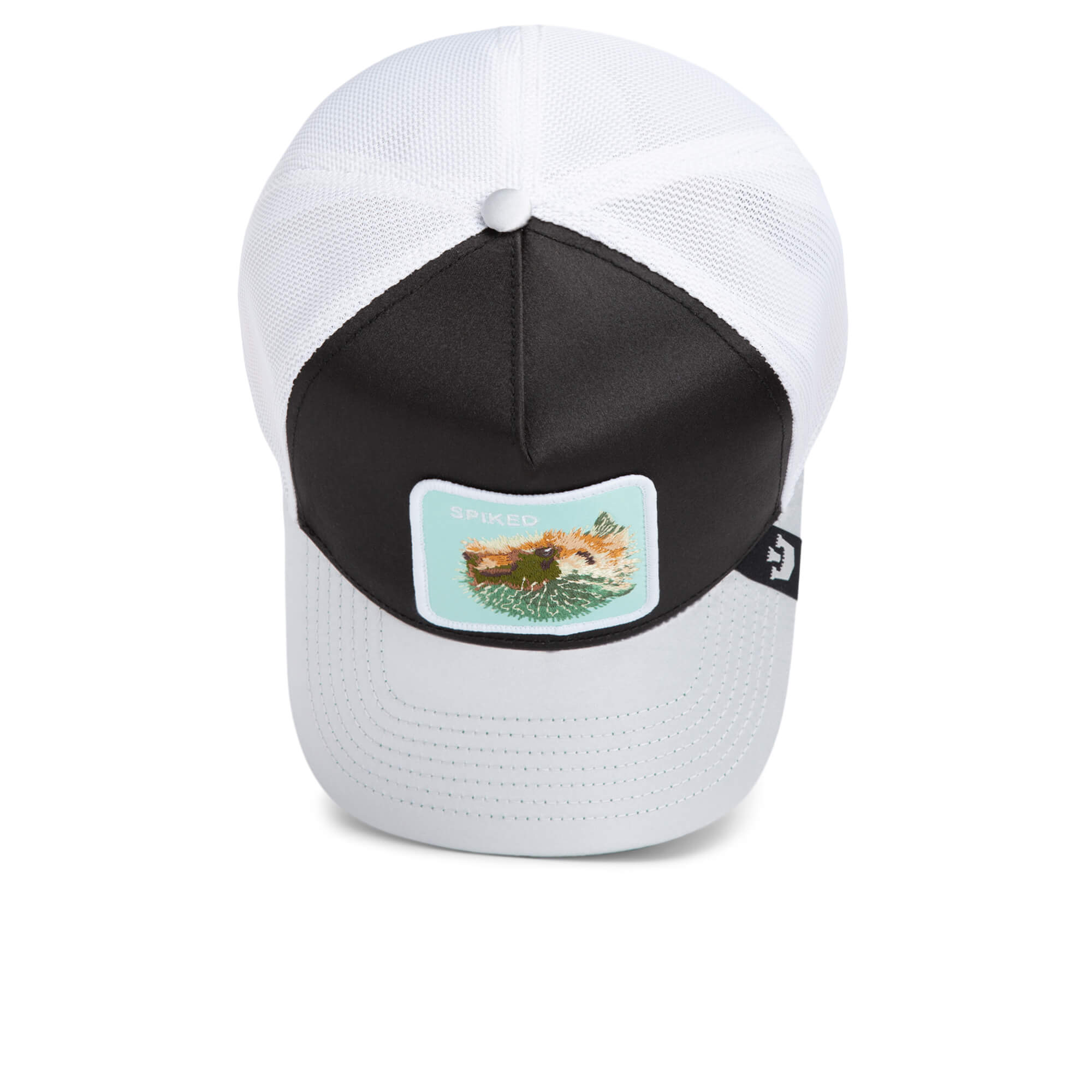 The Goorin Bros. "Get Blown" hat features a white mesh back, black brim, and an embroidered pufferfish patch on the front set against a light blue background.