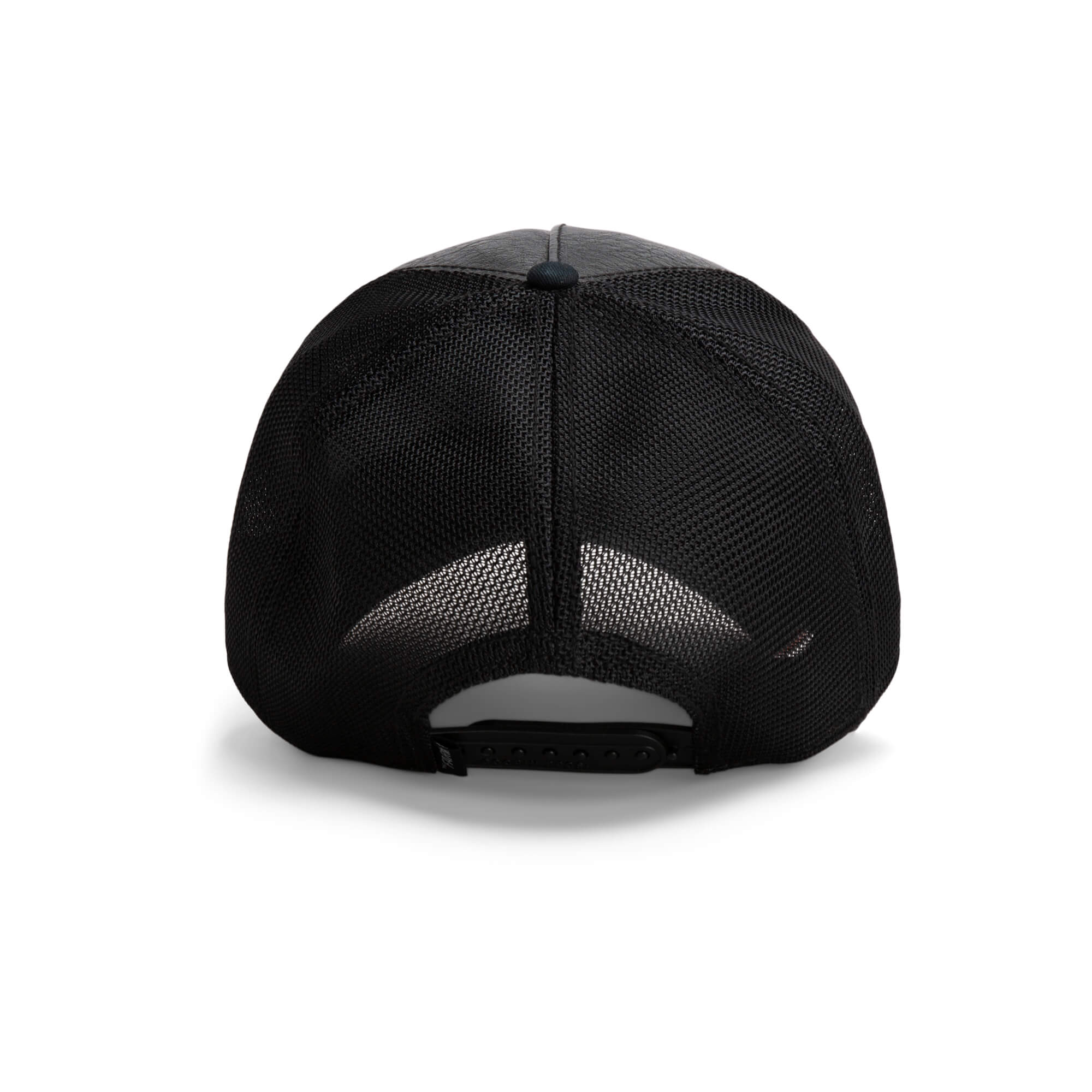 The image shows the back view of The Farm's Shell Smoke black mesh trucker hat with an adjustable snapback closure. All Sales Are Final.