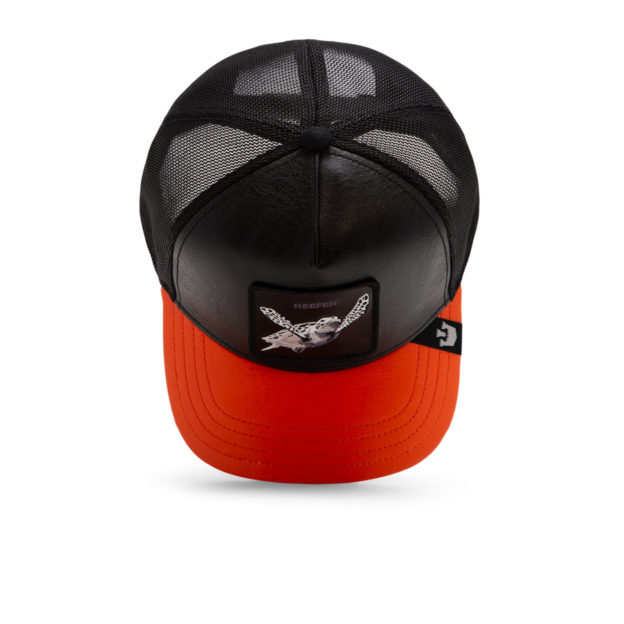 The Farm's Shell Smoke trucker hat, featuring black mesh, red panels, and a turtle patch on the front, is shown from the front against a white background. All sales are final.