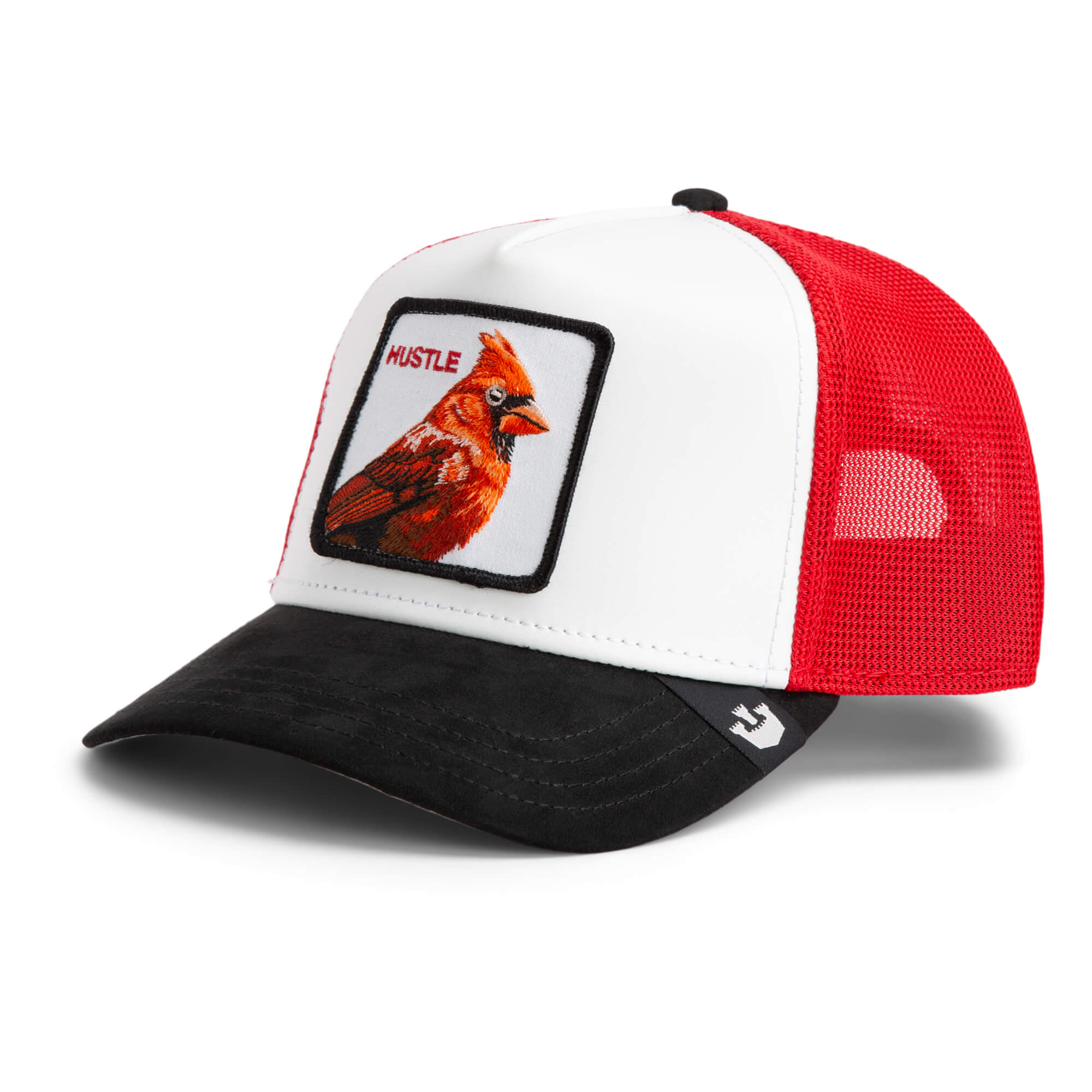 The Farm's "TF is Bustle?" trucker hat features a white front, red mesh back, black brim, and a patch with a cardinal plus "HUSTLE." All sales are final.