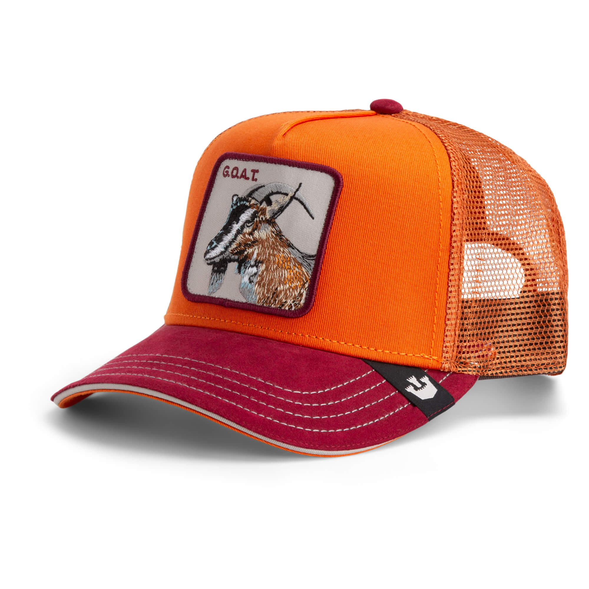 The Farm's Greatest Grazer is an orange and burgundy mesh trucker hat with a stitched goat patch and "GOAT" on the front. All sales are final.