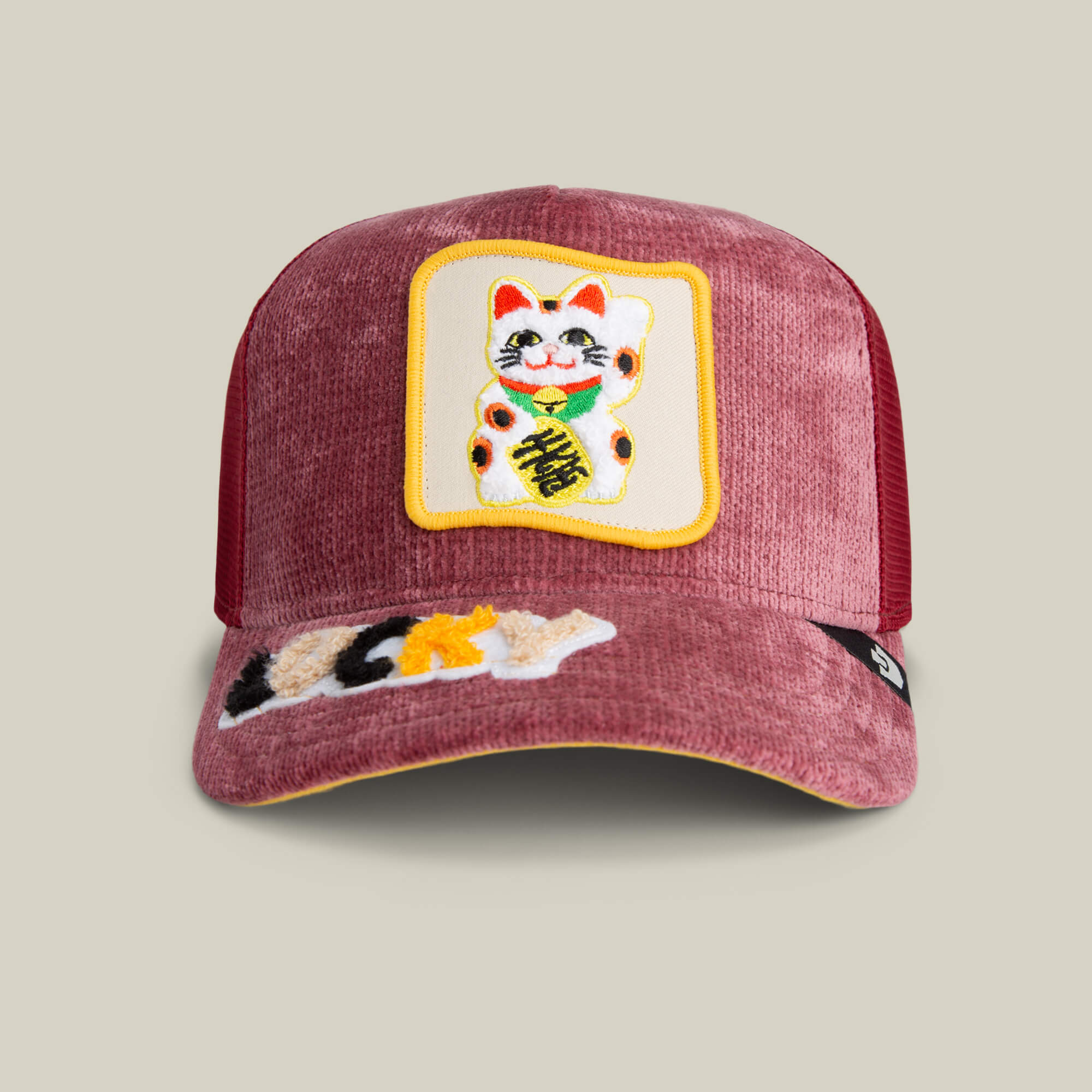 Add a playful twist to your look with the Maneki-Neko cap by Goorin Bros. in SOLAR—featuring a waving lucky cat patch and an embroidered curled-up cat, perfect for fans of unique hats like the LUCKY beanie.
