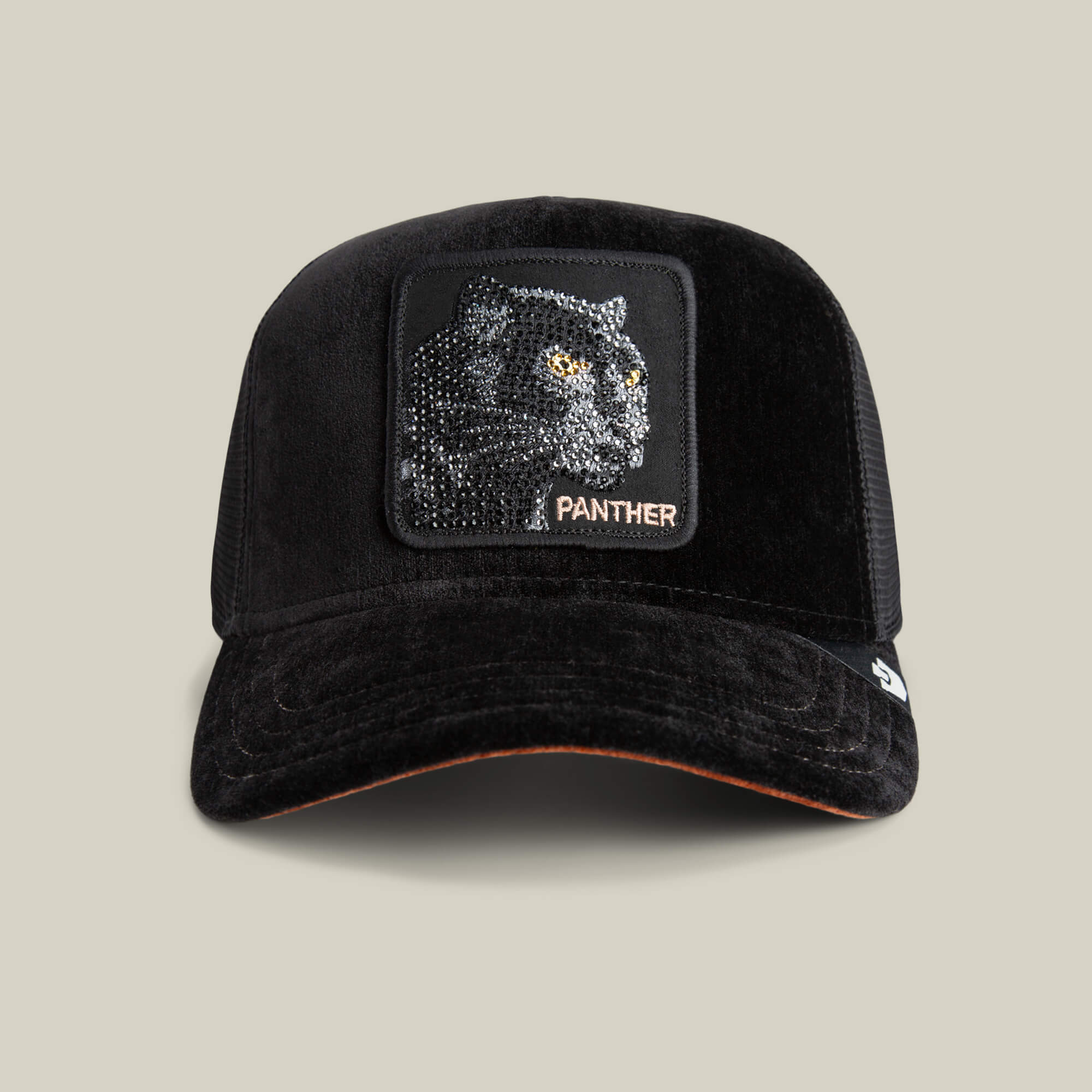 The Goorin Bros. Iced Panther cap in VOID features an embroidered luxury panther head with diamond eyes and the word "PANTHER" on a patch, displayed against a plain beige background.