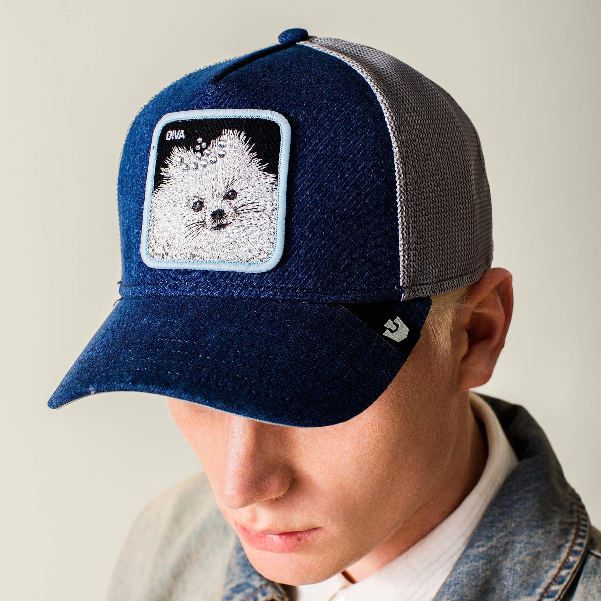 Someone wears the Goorin Bros. Diva Dawg cap, a blue and white mesh baseball hat with a fluffy dog patch labeled DIVA on the front—a standout accessory for any dog lover.