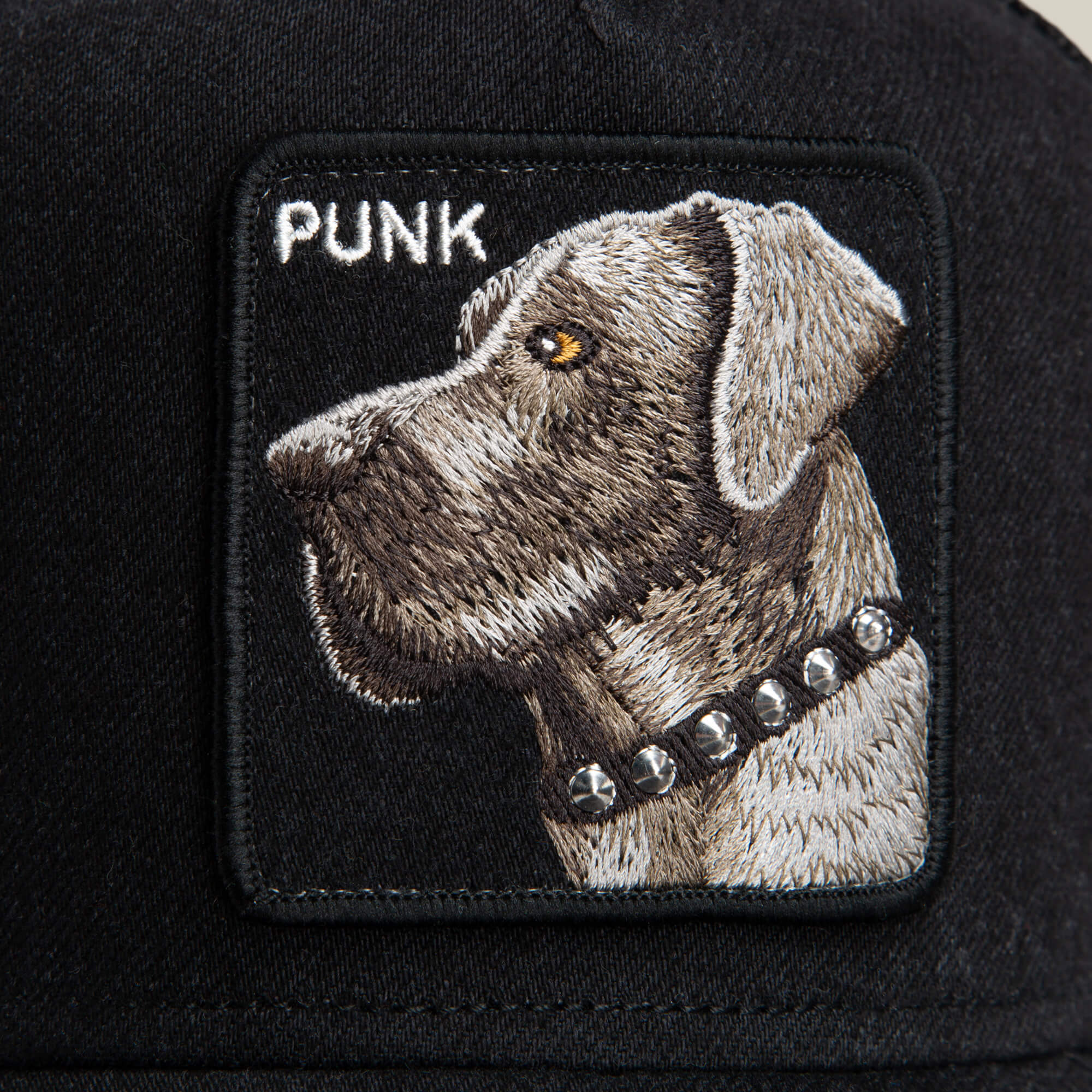 The Goorin Bros. Punk Dawg hat is black with a patch featuring an embroidered dog's head in a punk collar and "PUNK" stitched in white letters.