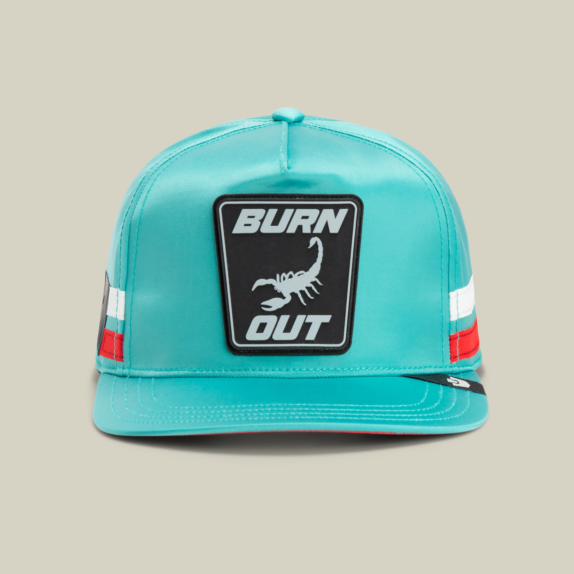 The Goorin Bros. Pole Position - Road Kill cap in LUMINOUS color features white and red side stripes, plus a front patch with a scorpion and the bold "BURN OUT" text.