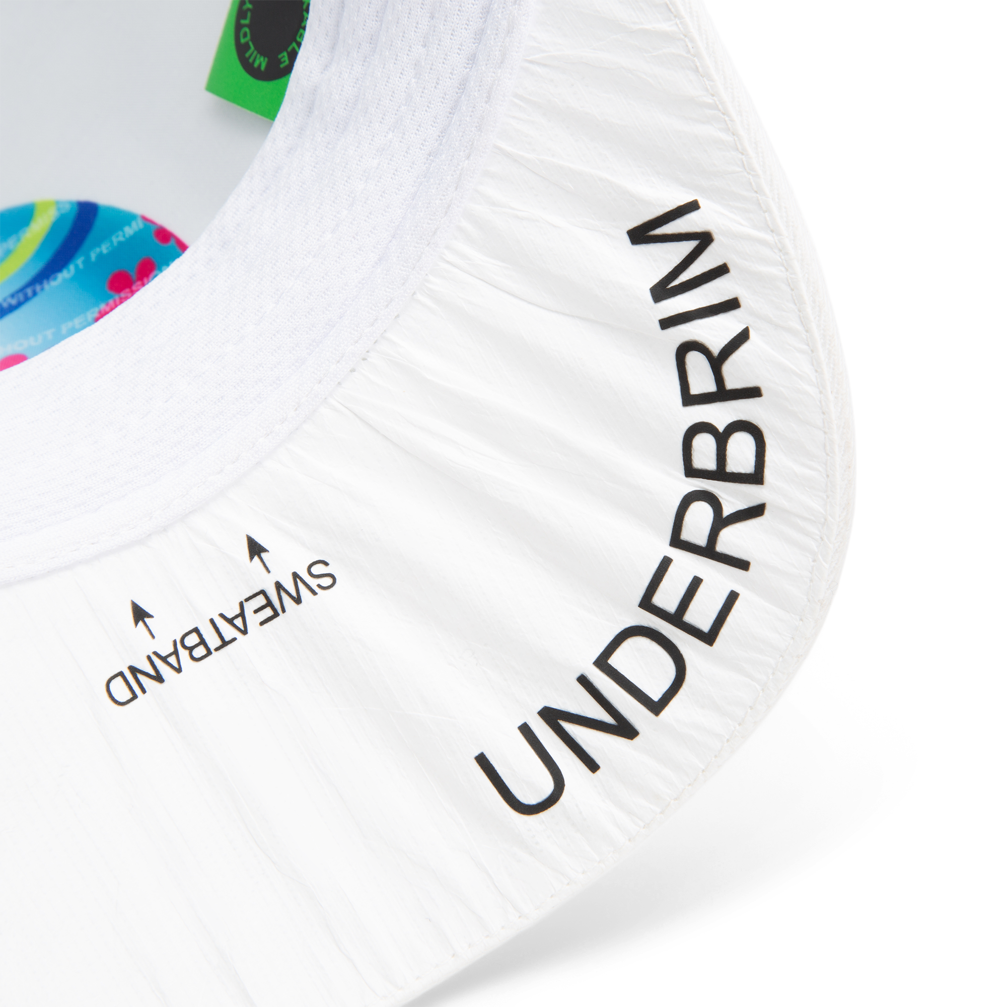 Close-up of K.I.S.S. limited edition white Tyvek hat by Goorin Bros.; inner brim features "SWEATBAND" with arrows to the band and "UNDERBRIM" printed on the underside.