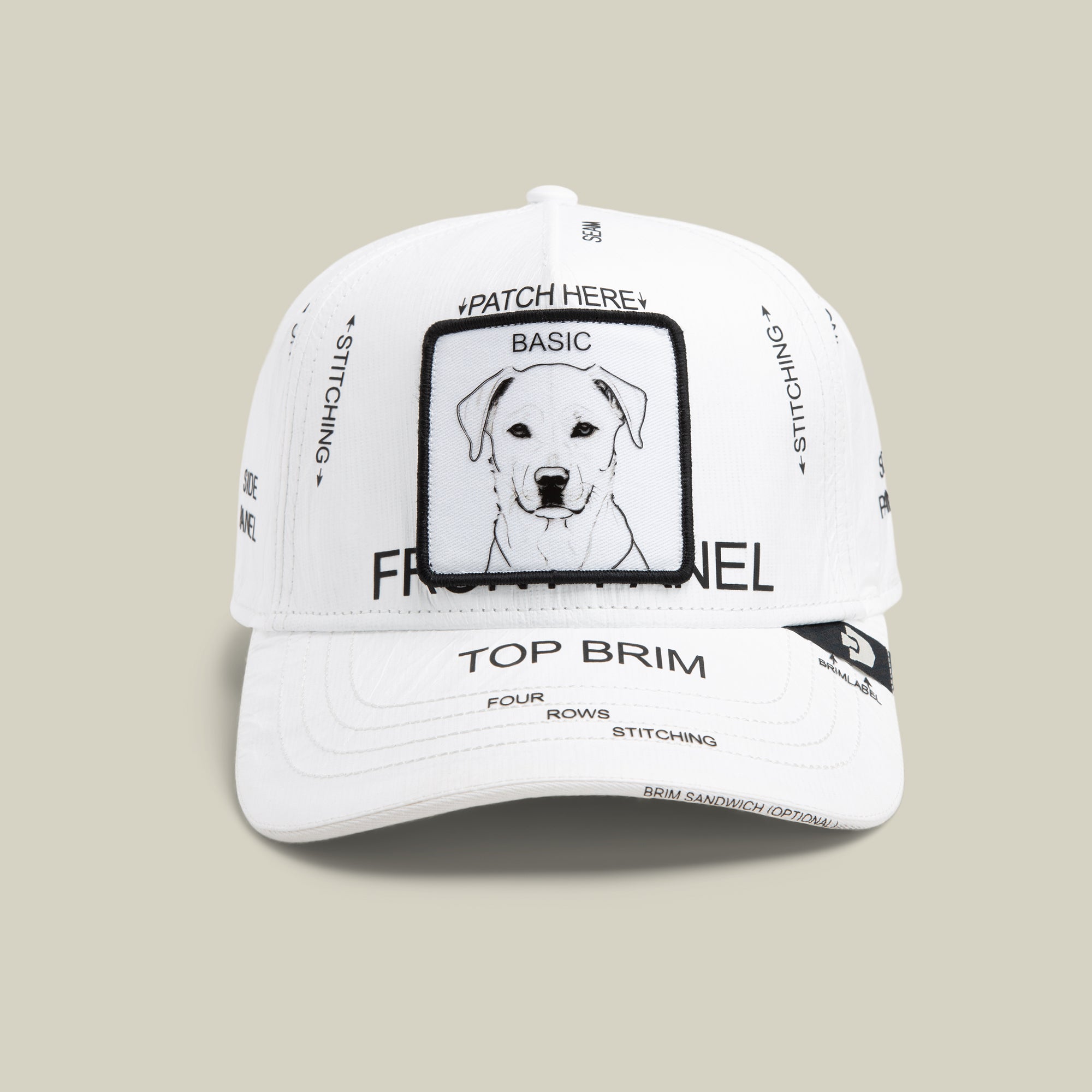 The Goorin Bros. K.I.S.S. BLANK baseball cap features black text, diagram-style labels, and a dog illustration patch on the front. This limited edition piece is a unique addition to any collection.