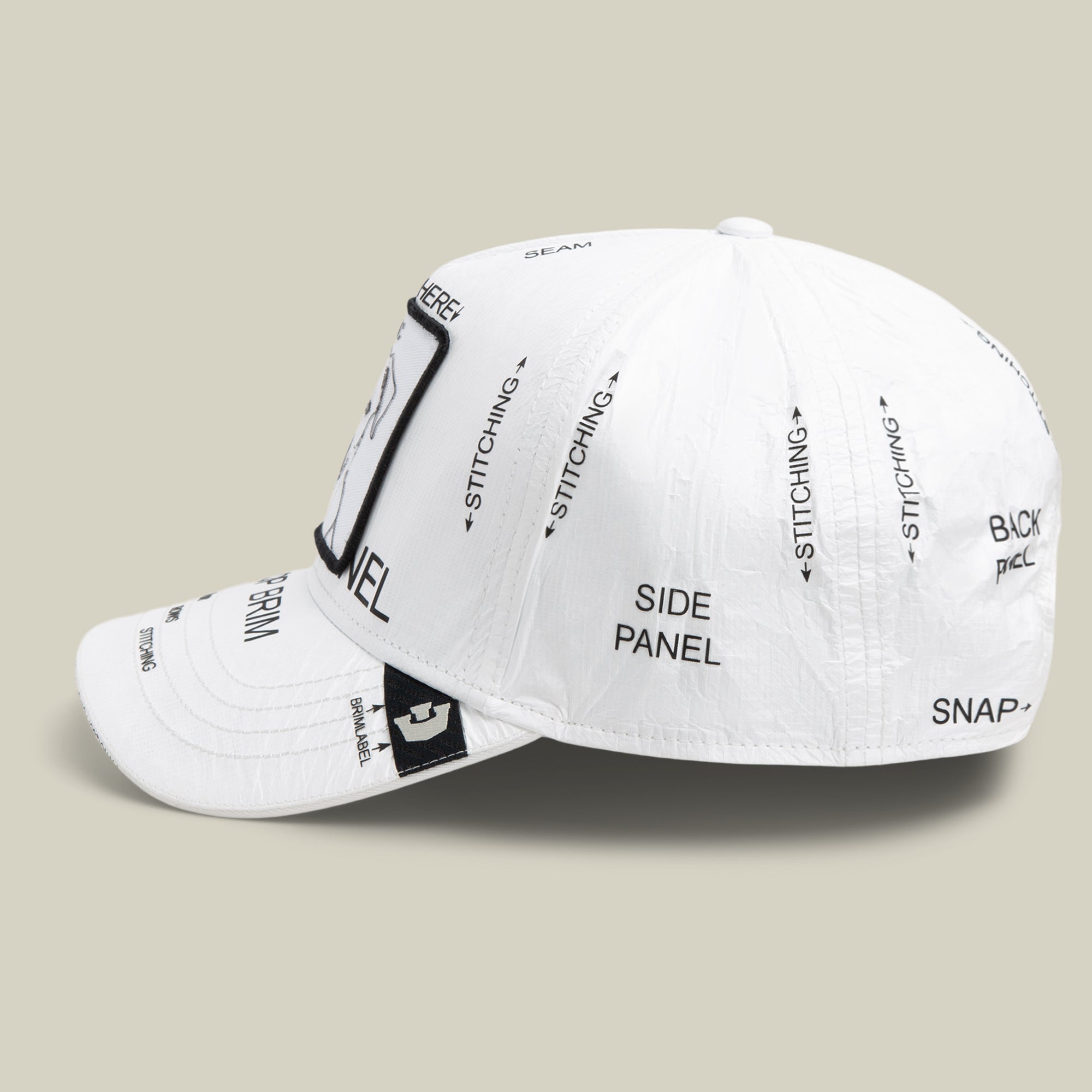 Goorin Bros. K.I.S.S. limited edition white baseball cap features black printed labels—SIDE PANEL, STITCHING, SNAP, and SEAM—set against a plain beige background.