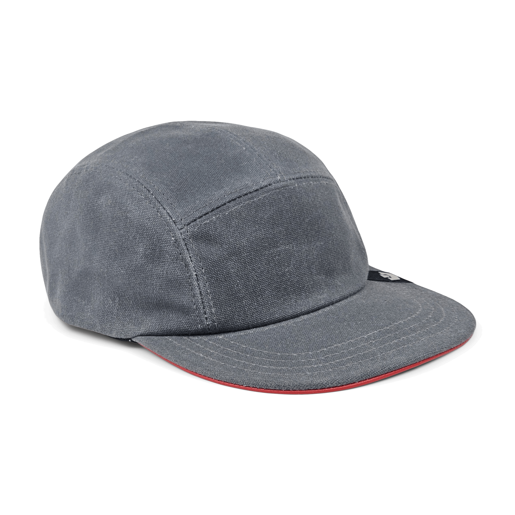 The North Boulder by Goorin Bros. is a grey cotton 5-panel camp cap with visible stitching and a slightly curved brim featuring a red underside, hand cut and sewn in the USA, shown on a white background.