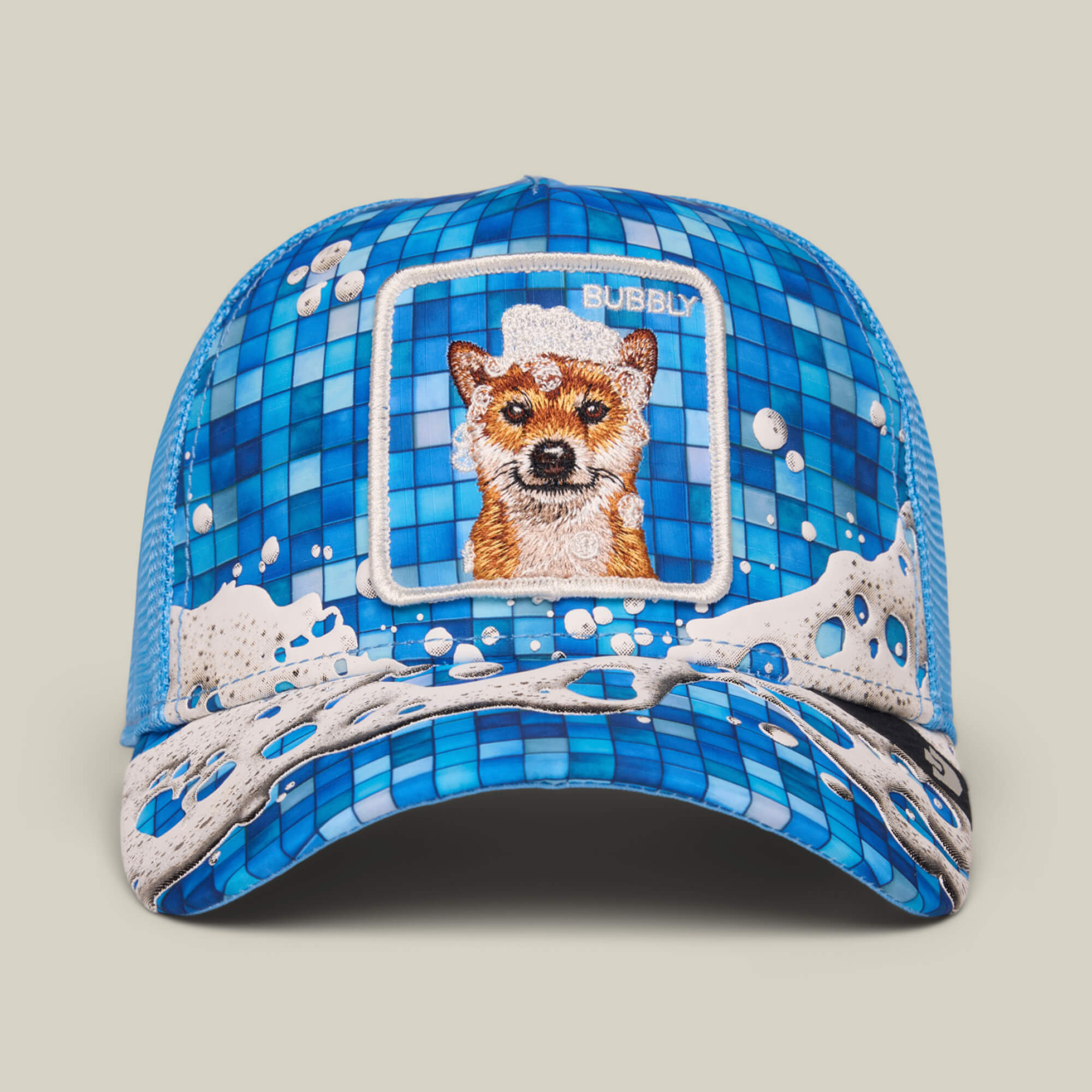 Squeaky Clean by Goorin Bros. is a Cruise-colored hat with a tile pattern, playful white bubbles, and a front patch featuring a dog’s face labeled "Bubbly"—the perfect accessory for bath time or when you want to feel squeaky clean.