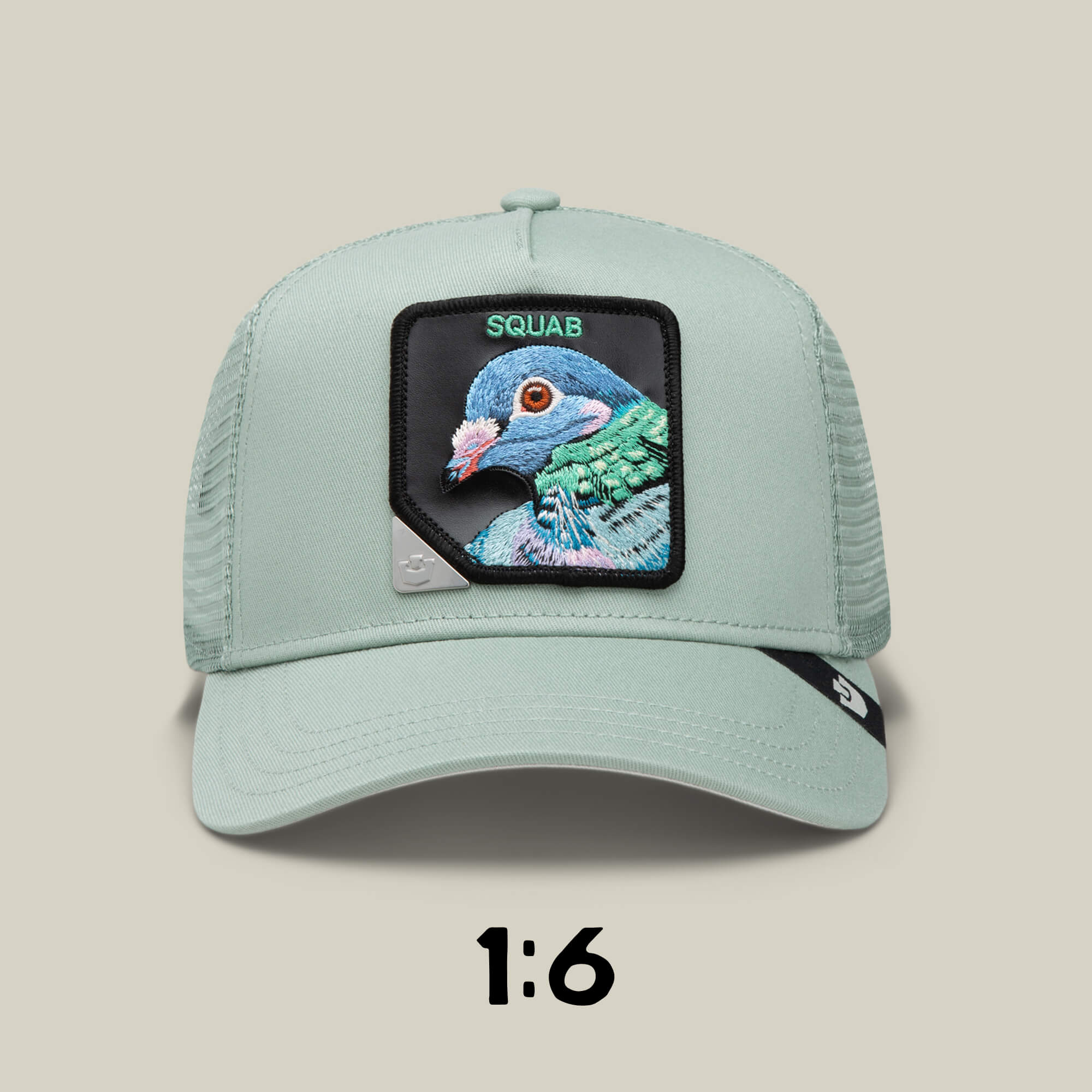The Blind Box 1: U R WUT U EET by Goorin Bros. features a light green trucker hat with an embroidered pigeon patch labeled SQUAB and a rare 1:6 ratio, making it a unique collectible mystery item.