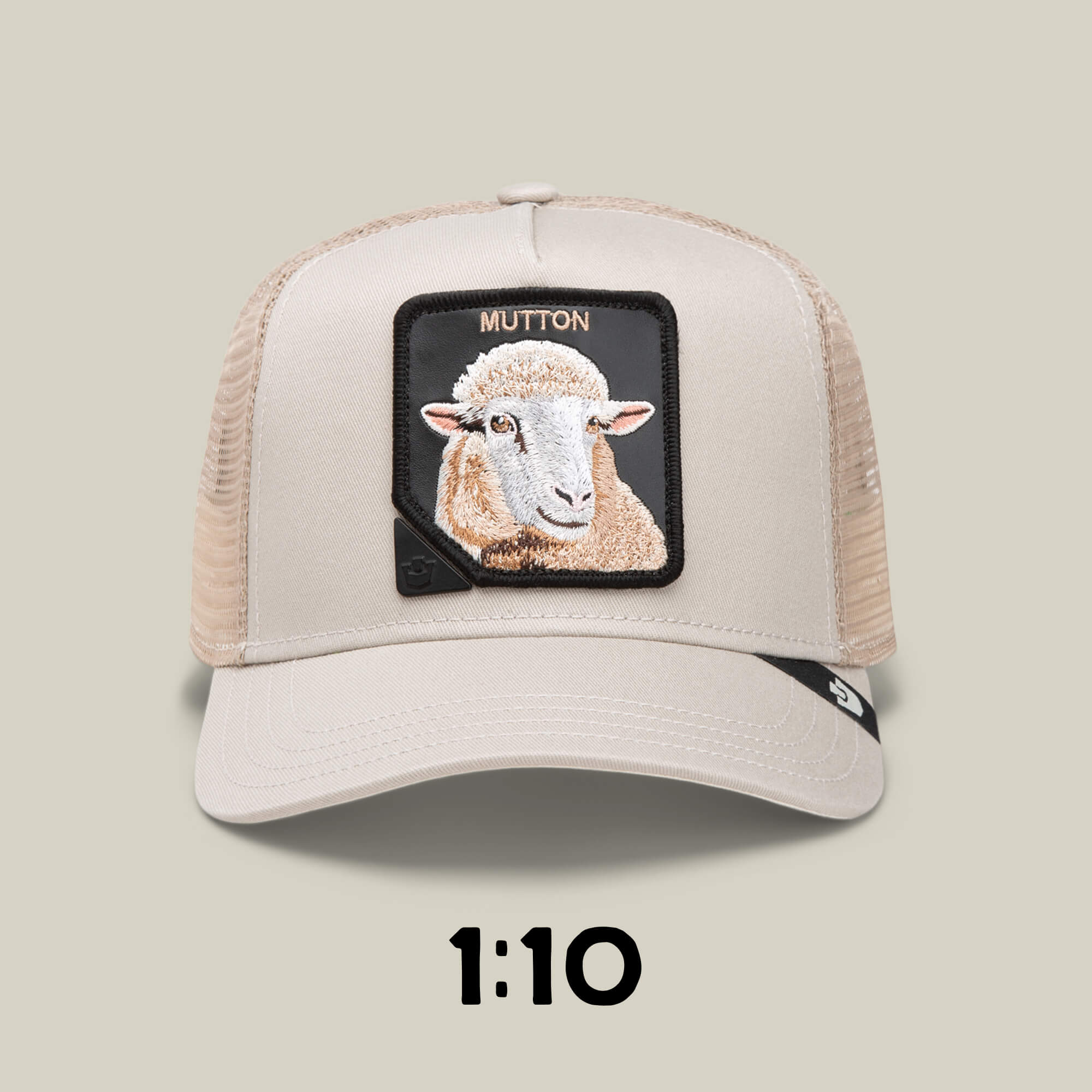 A beige Goorin Bros. Blind Box 1: U R WUT U EET trucker hat features a mesh back, a sheep "MUTTON" patch, and the number 1:10 below, adding unique mystery animal charm.