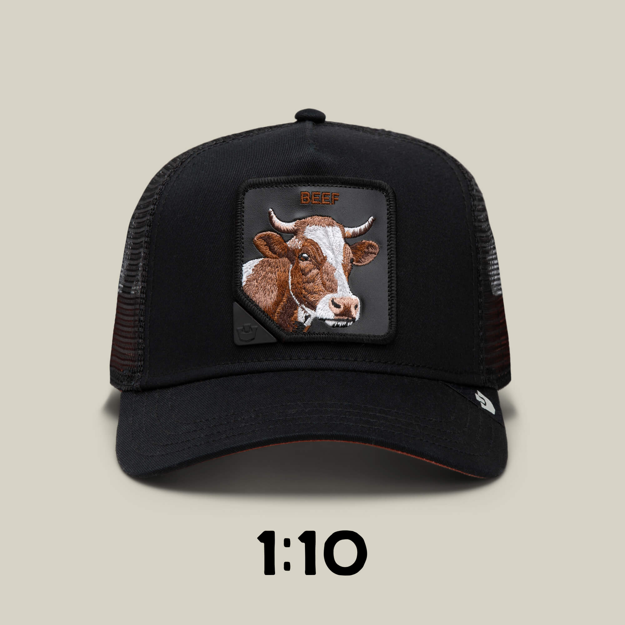 Goorin Bros. Blind Box 1: U R WUT U EET trucker hat with a stitched cow patch and "BEEF" lettering, shown on a plain background with 1:10 below—ideal for mystery animal hat or blind box fans.