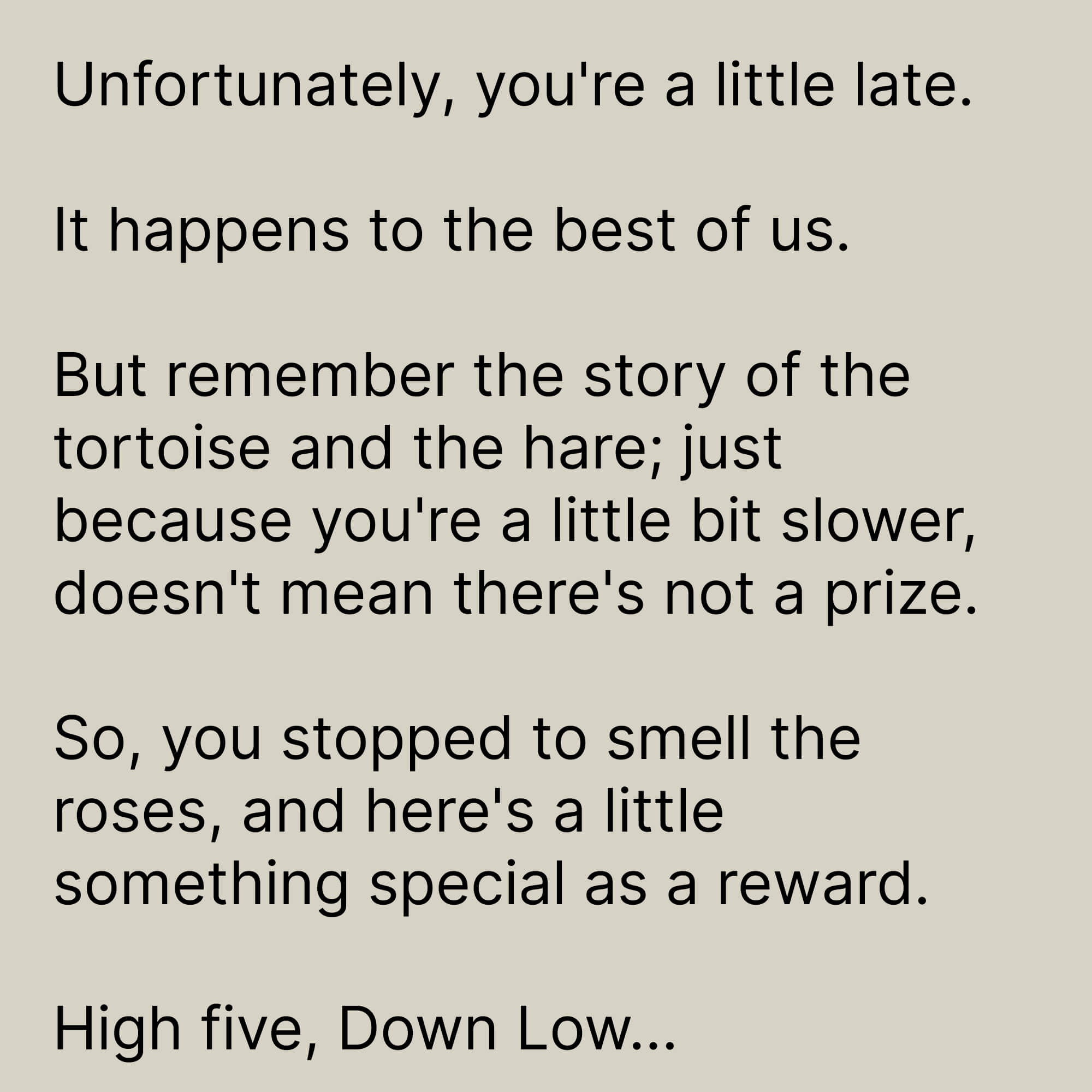 Text reads: Unfortunately, you're a little late. It happens to the best of us... but being slower doesn't mean there's no prize. High five—check out the Down Low... hat from Goorin Bros.!.