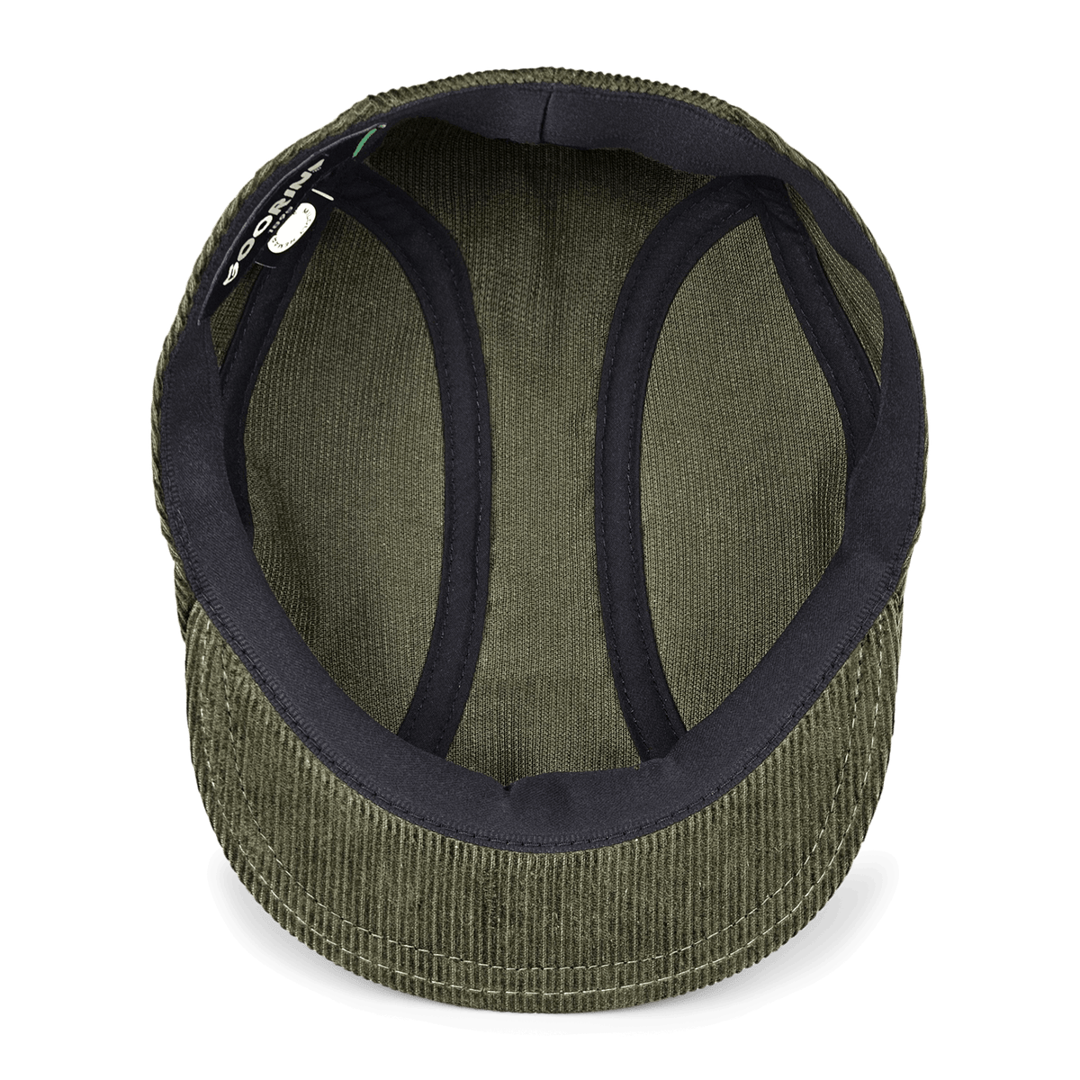 The Maxwell Park corduroy cap by Goorin Bros. is shown from above, highlighting the interior lining, sweatband, and a discreet label at the seam—a classic cotton piece designed for comfort and style.