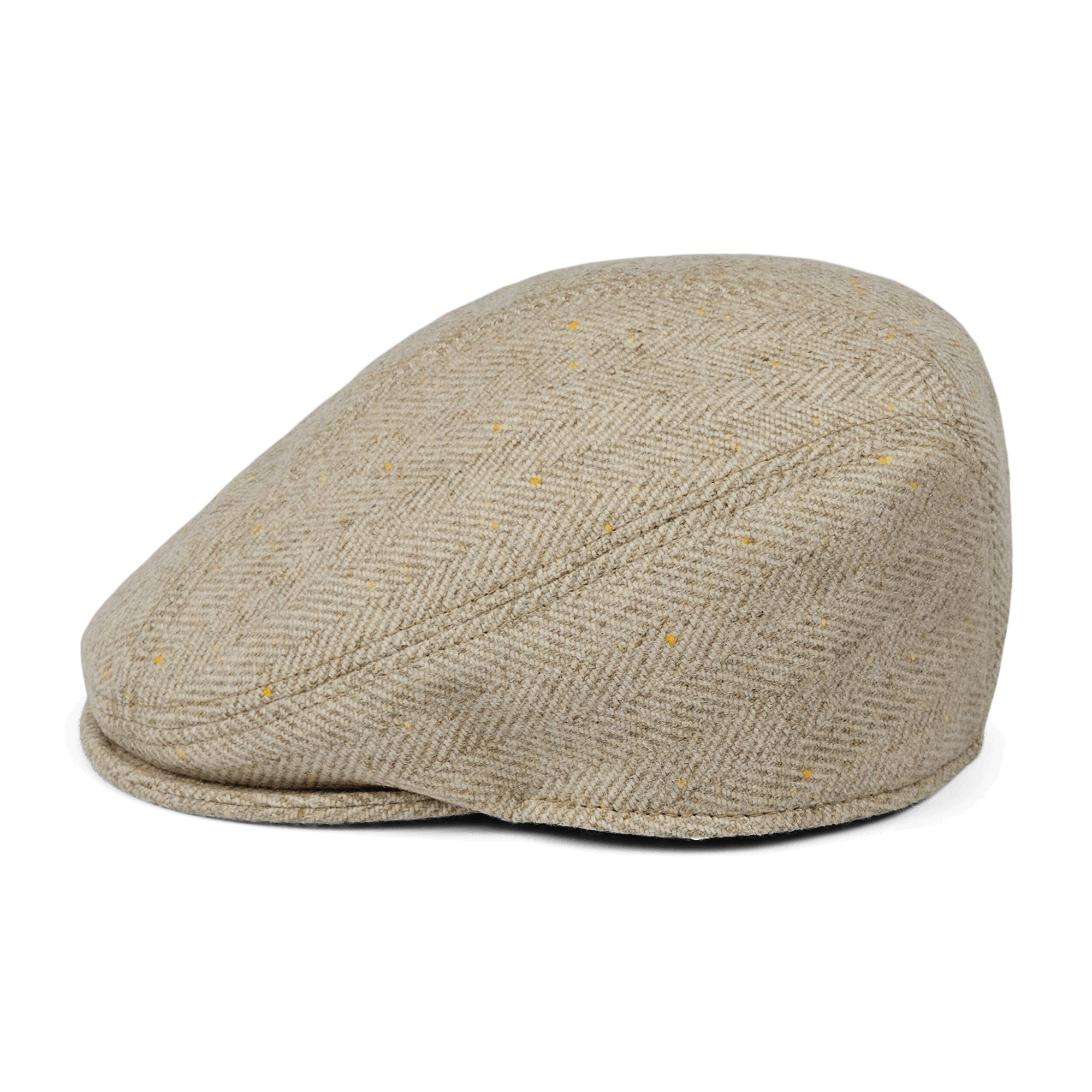 The Iris Fields flatcap by Goorin Bros. features beige cream herringbone wool with a slight peak, handmade in the USA and shown on a white background.