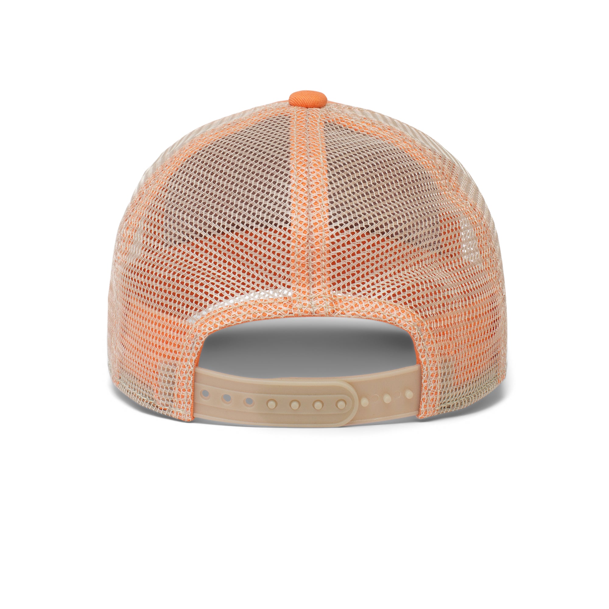 Back view of The Farm "Little Lady" orange mesh kids’ trucker hat with adjustable snapback—perfect for little ones who love stylish headwear.