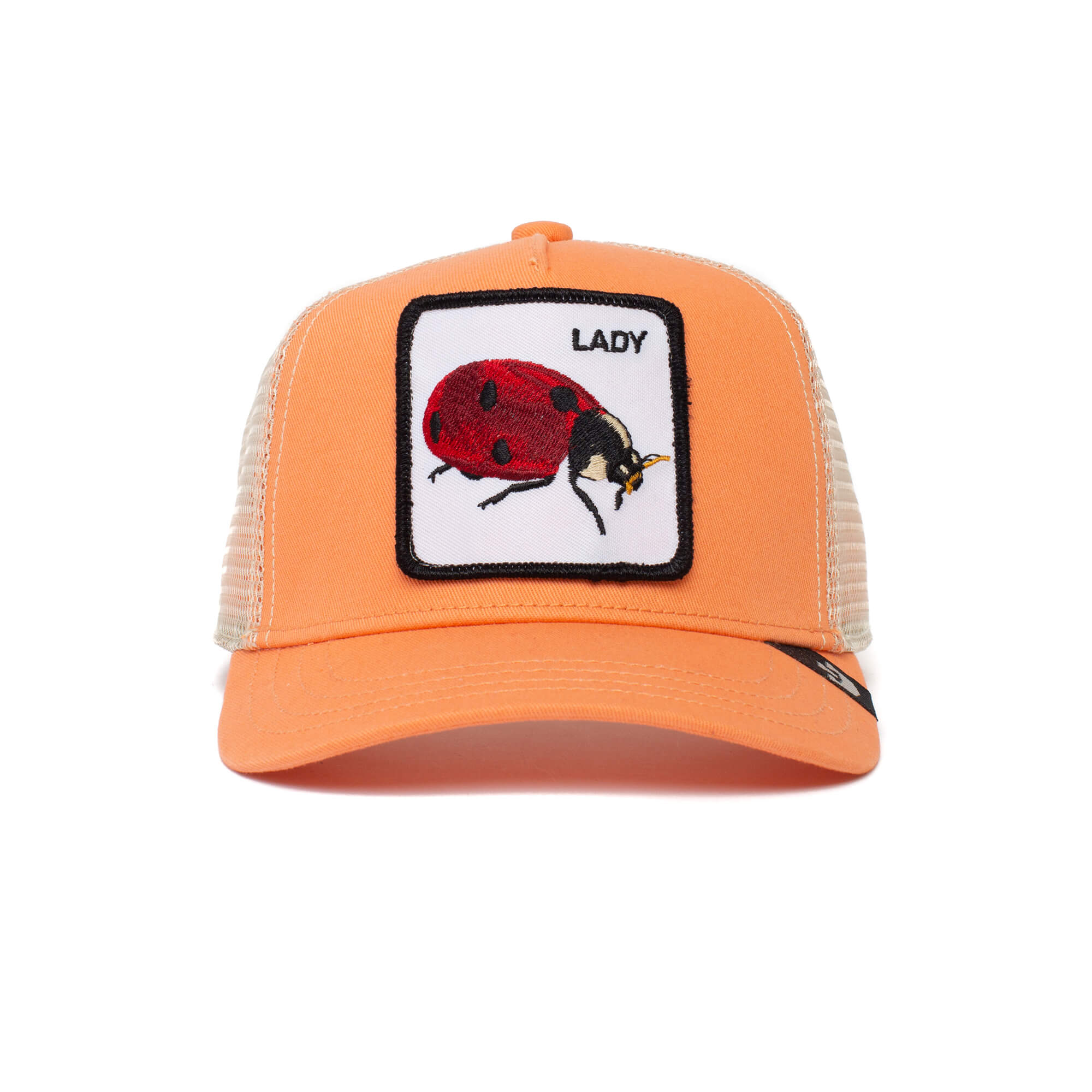 The Farm's "Little Lady" is an orange mesh adjustable trucker hat for kids ages 4-10, featuring a front patch with an embroidered red ladybug and the word LADY above it.