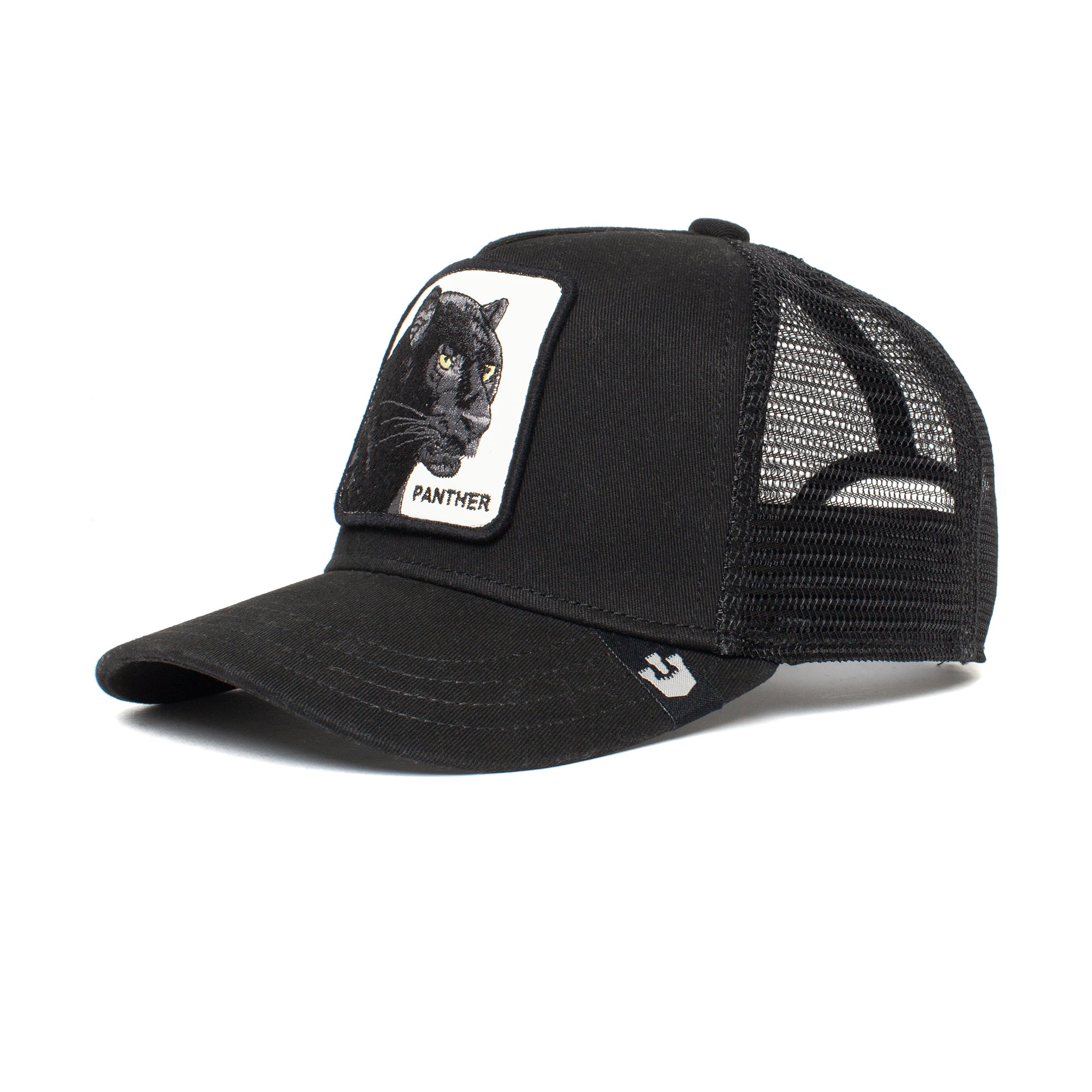 The Farm Little Panther is a black mesh trucker hat for kids with a front patch showing an embroidered black panther and the word “PANTHER.”.