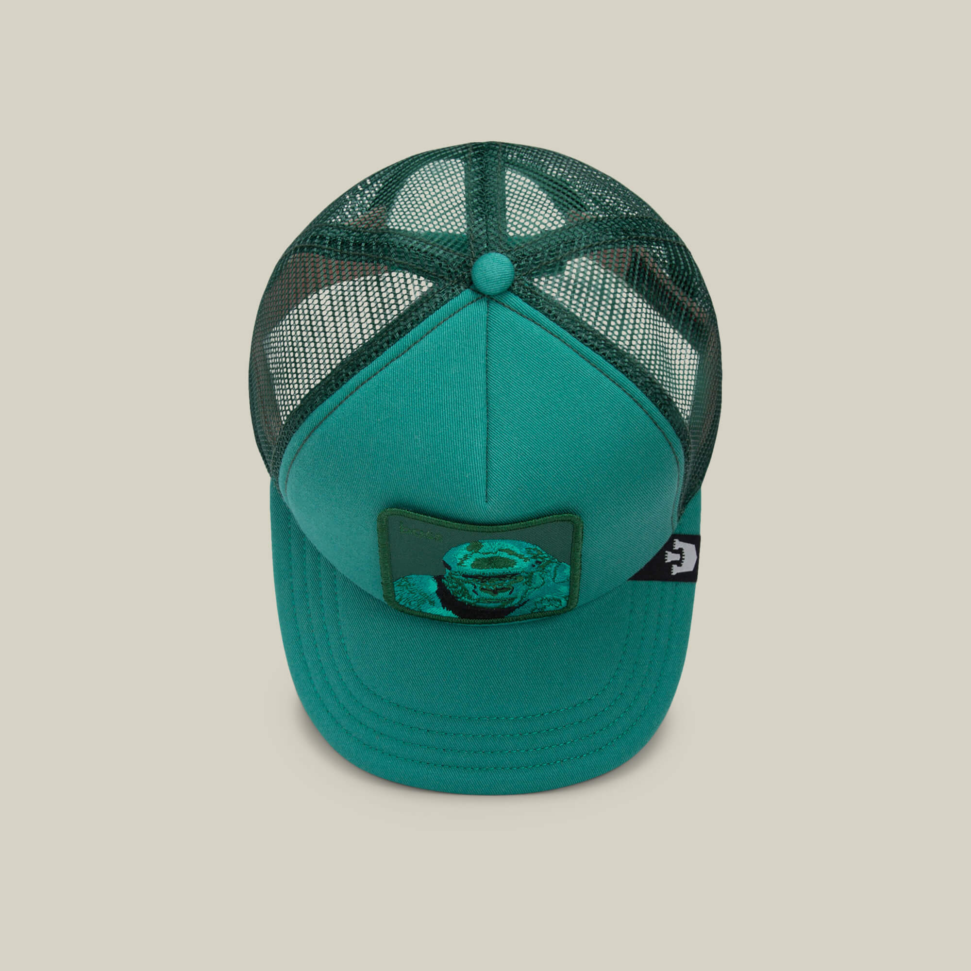 The Goorin Bros. Lil Boss is a green mesh snapback baseball cap featuring a front patch with a frog illustration, shown from above on a plain background.