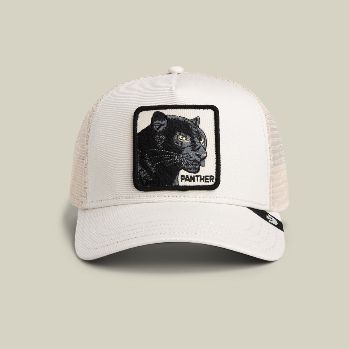 The Goorin Bros. Panther Trucker Mini is a white mesh trucker cap featuring a black embroidered panther patch with yellow eyes and the word "Panther" on the front.