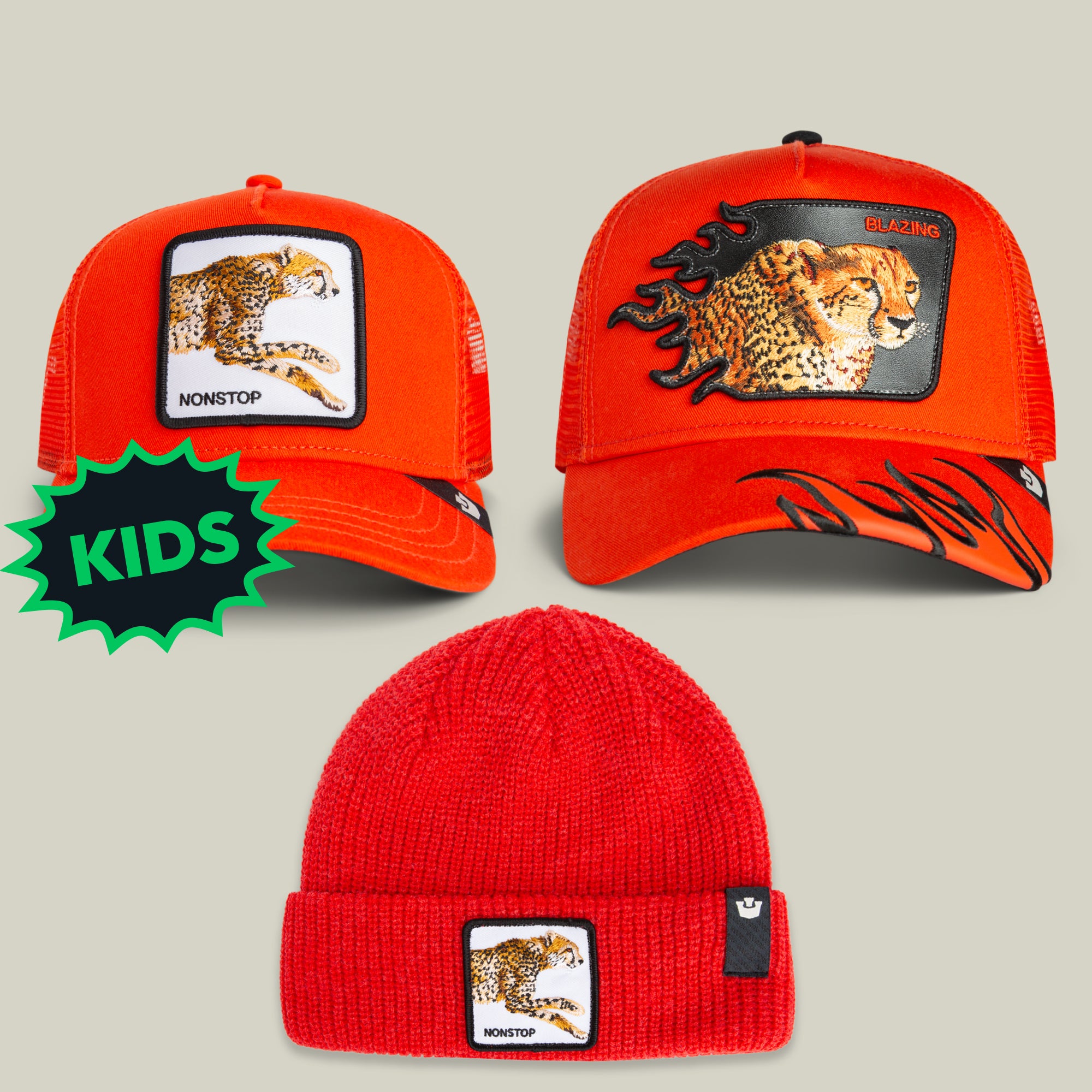Introducing the Finger Licker Bundle by Goorin Bros.—a spicy kids’ hat gift set featuring three red styles: two mesh baseball caps with cheetah patches (including one with black flames) and a matching beanie with a cheetah patch.
