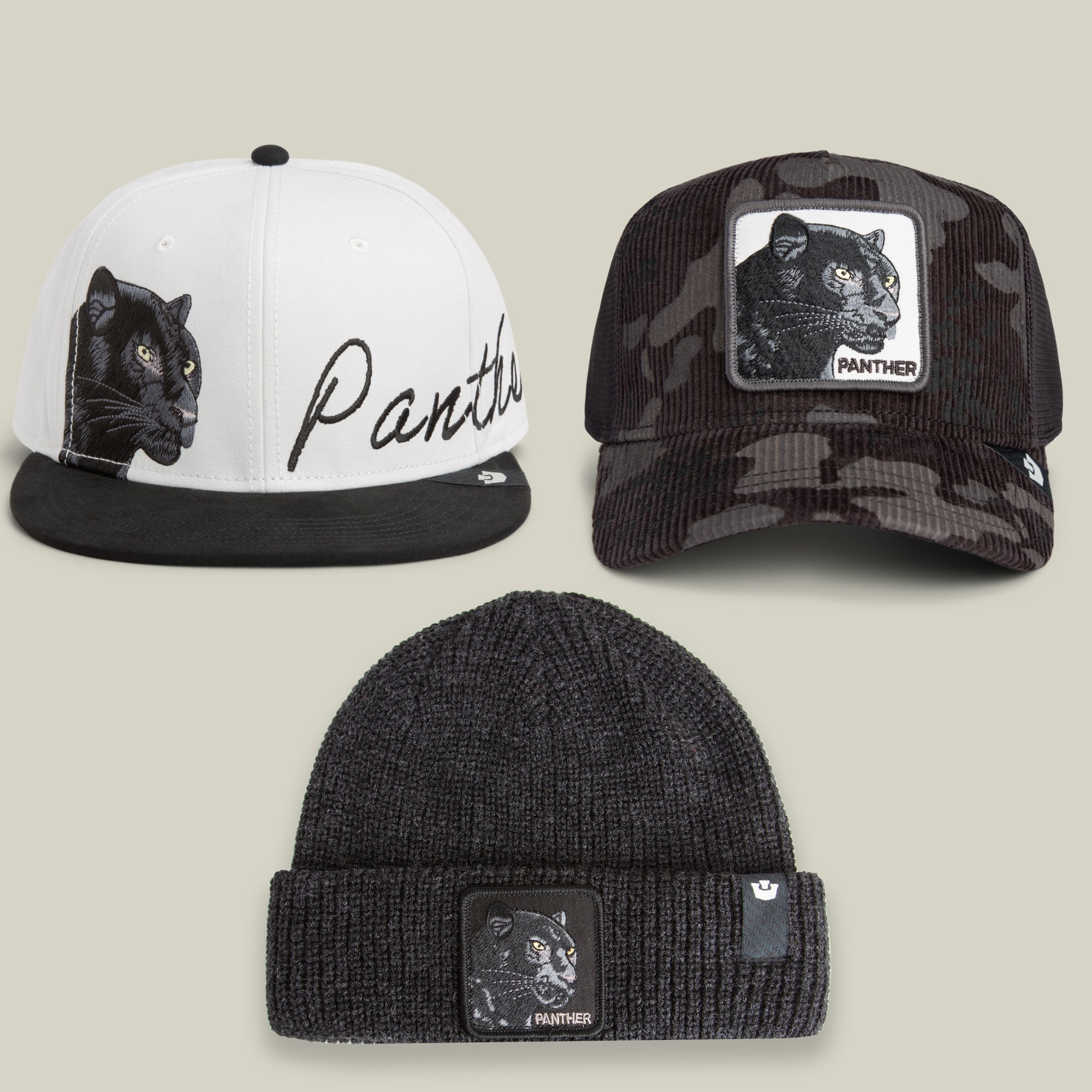 The Here Kitty, Kitty Bundle by Goorin Bros. includes three hats featuring striking panther designs: a white and black snapback, a camo trucker and corduroy cap with bold panther imagery, and a black knit beanie—all displayed against a neutral background.