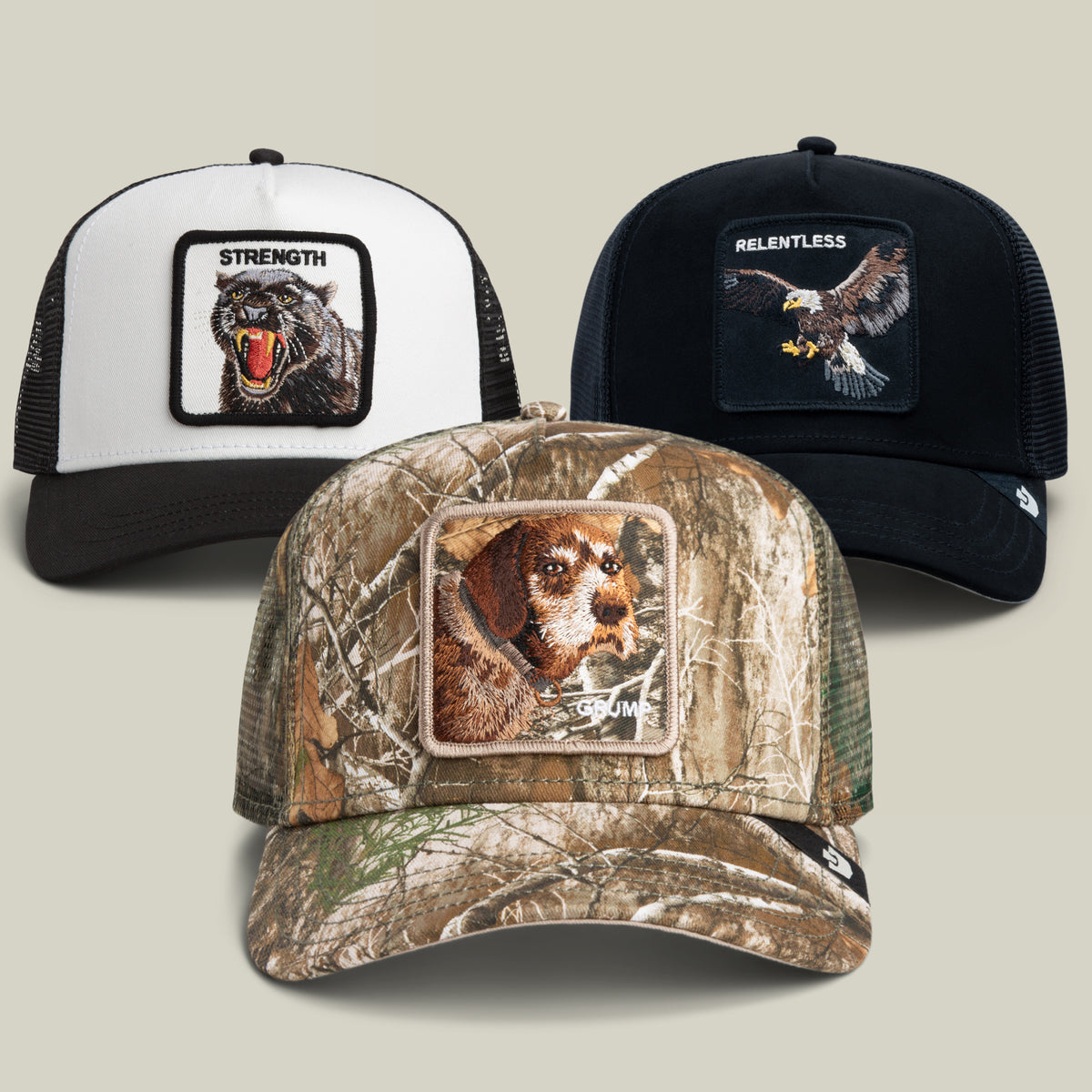 Featuring three Goorin Bros. trucker hats—one with a bear and “STRENGTH” text, one with an eagle and “RELENTLESS” text, and one with a dog against a camouflage background—the Last Place Bundle helps you own the L and celebrate every glorious defeat in style.