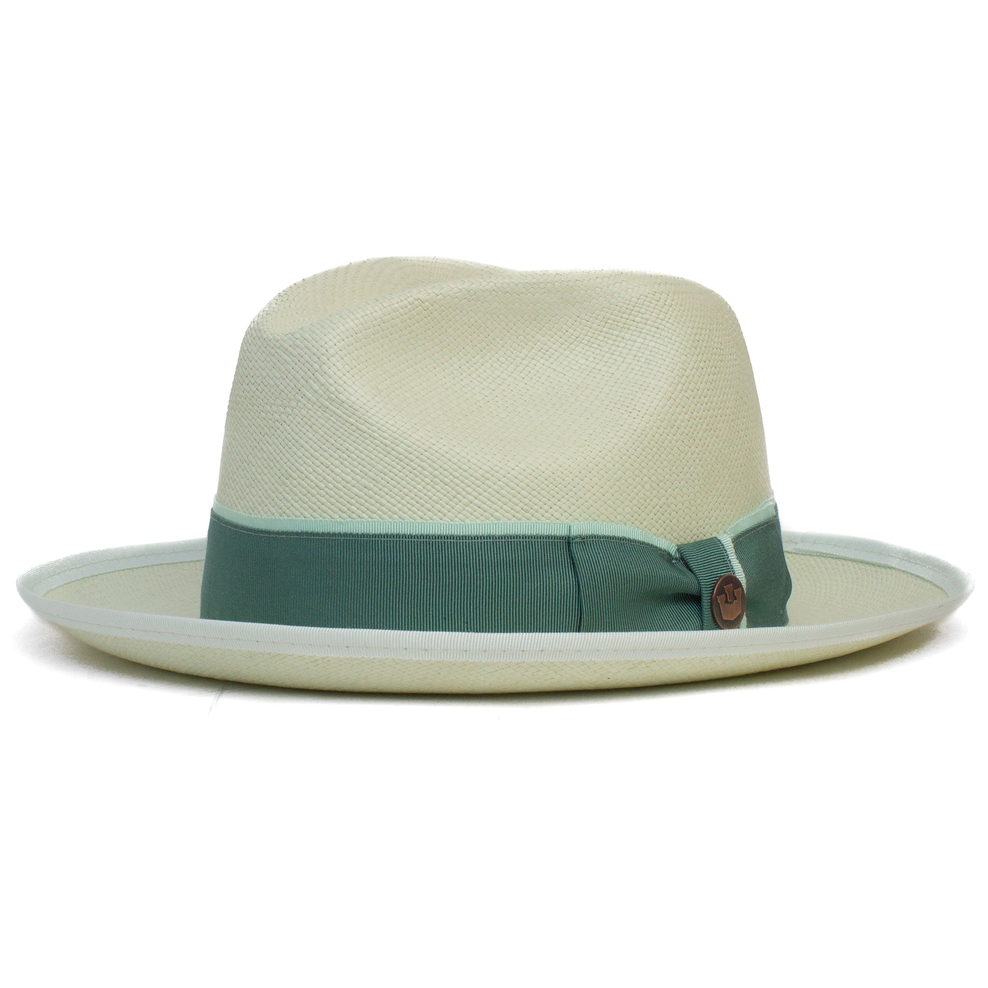 The Hartman by Goorin Bros. is a light straw fedora with a wide brim and pale green grosgrain band, offering stylish 50 UPF sun protection.