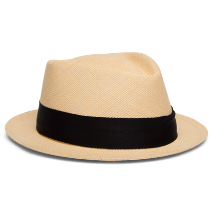 The Goorin Bros. "That's All Folks" Panama hat features beige handwoven straw and a wide black band around the crown, displayed against a plain white background.