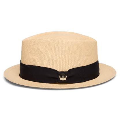The "That's All Folks" Panama hat by Goorin Bros. is a beige genuine straw hat, handwoven in Ecuador, featuring a black ribbon band and a small metallic emblem at the front.