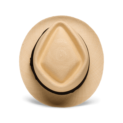 The "That's All Folks" Panama hat by Goorin Bros. features beige genuine straw, a black band, and a diamond-shaped crown, shown from above on a plain white background.