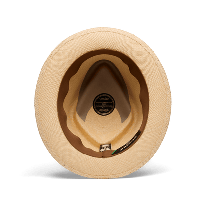 Overhead view of the That's All Folks lightweight hat by Goorin Bros., featuring the inner band, crown, and a circular brand label at the center.