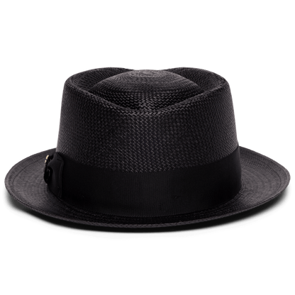 The That's All Folks by Goorin Bros. is a black handwoven Ecuador Panama hat, crafted from genuine straw with a wide black ribbon band and shown on a plain white background.