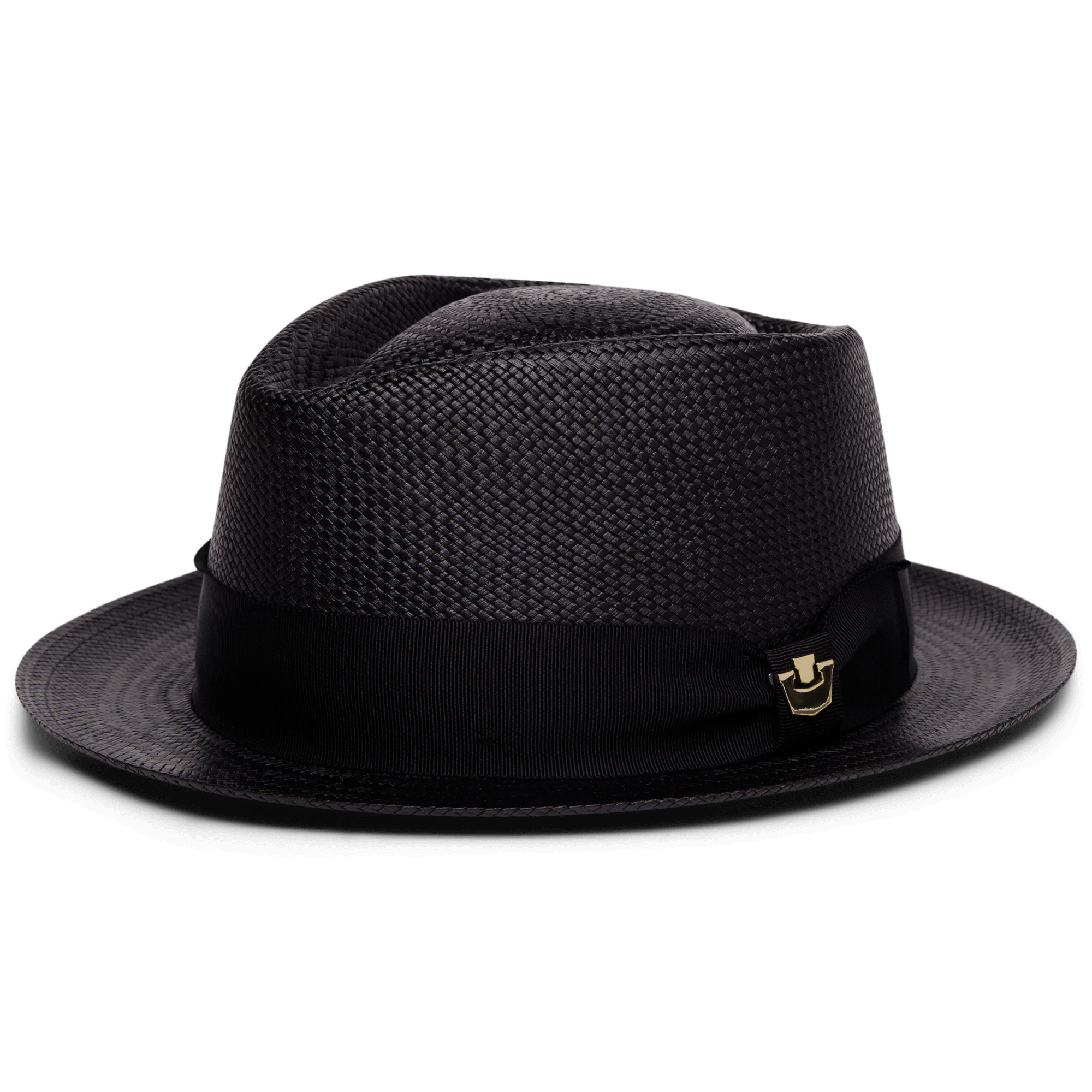 That’s All Folks by Goorin Bros.: a black handwoven Ecuador fedora with a wide black ribbon band and small metallic emblem on the side, shown against a plain white background.