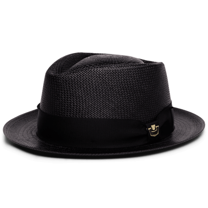 That’s All Folks by Goorin Bros.: a black handwoven Ecuador fedora with a wide black ribbon band and small metallic emblem on the side, shown against a plain white background.
