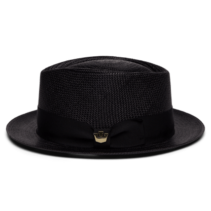 The "That's All Folks" hat by Goorin Bros. is a lightweight black Panama straw style with a flat crown, wide brim, black ribbon band, and a small metallic side emblem.