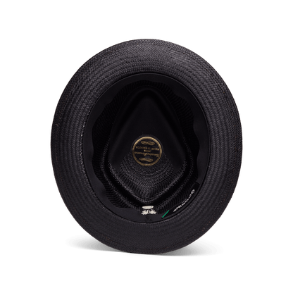 Top-down view of the inside of the Goorin Bros. "That's All Folks" straw hat, showing a gold label and black inner band.