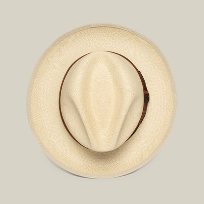 The Hartman by Goorin Bros. is a cream-colored Panama hat featuring a grosgrain hat band, shown from above on a plain light background.