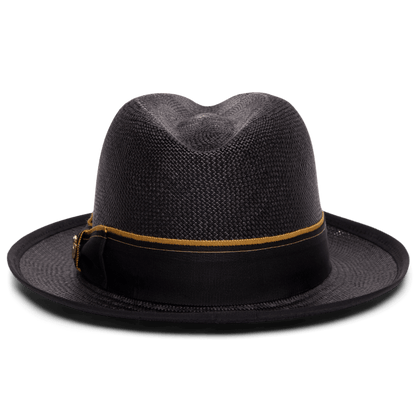The Hartman by Goorin Bros. is a black fedora with a wide brim, grosgrain hat band, gold accent around the crown, and contrast edge binding.